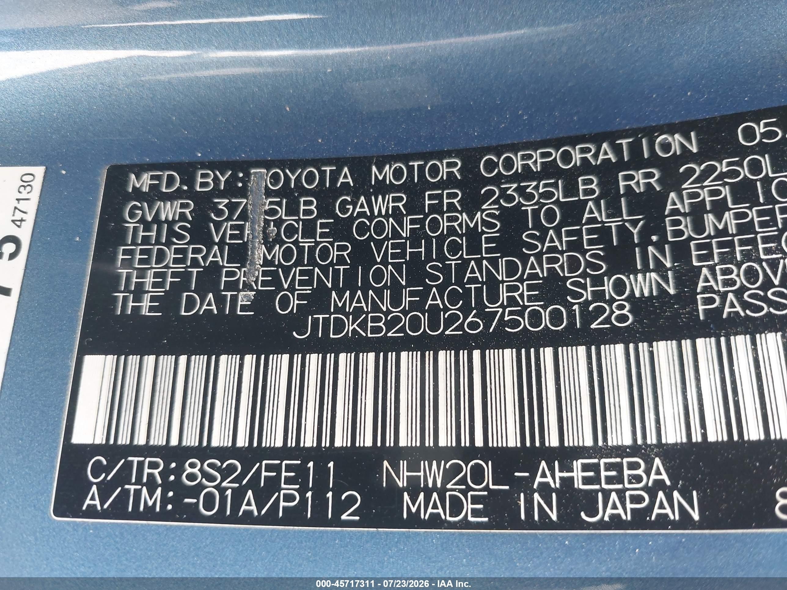 2006 Toyota Prius   Blue vin: JTDKB20U267500128
