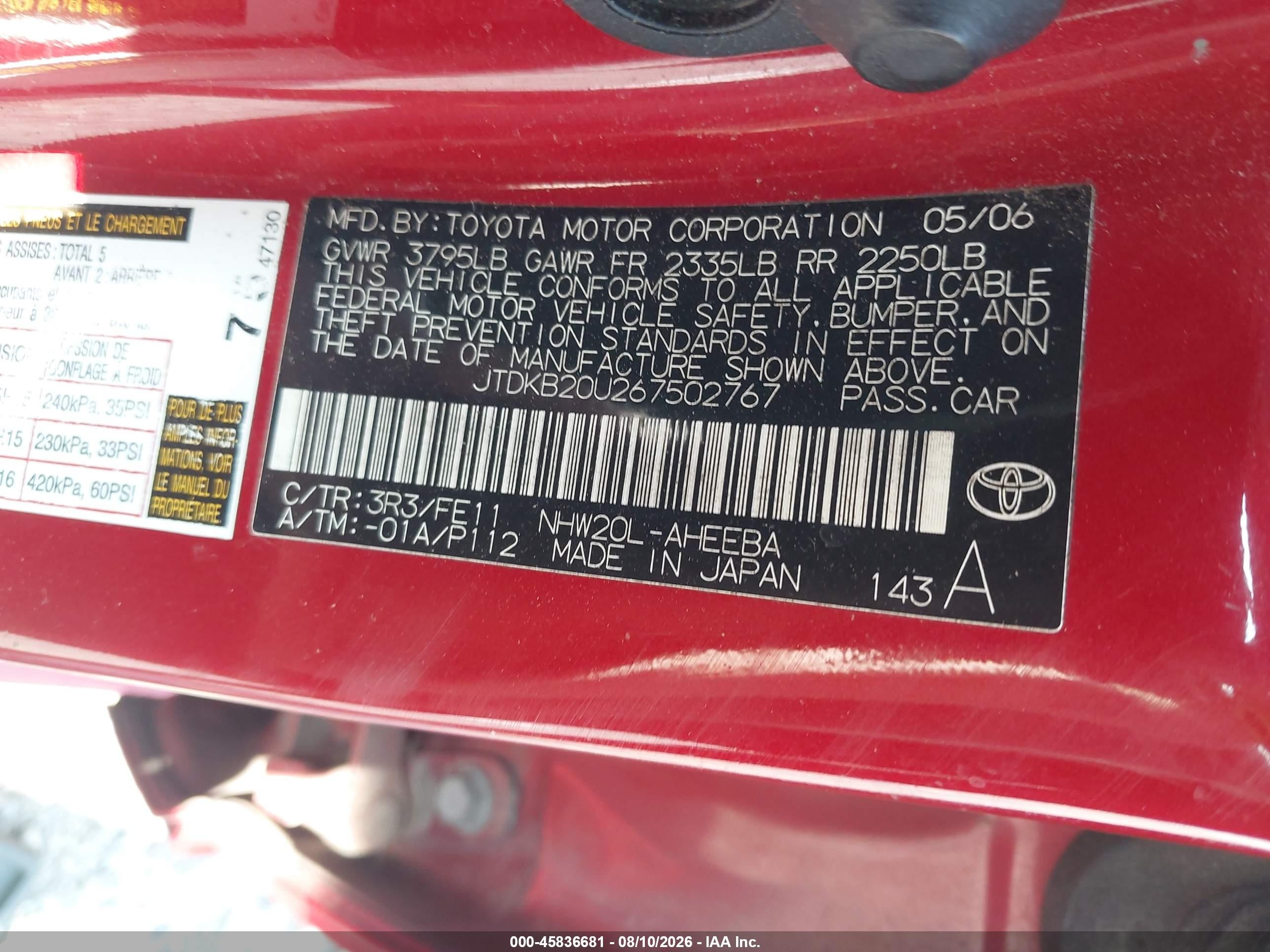 2006 Toyota Prius   Red vin: JTDKB20U267502767
