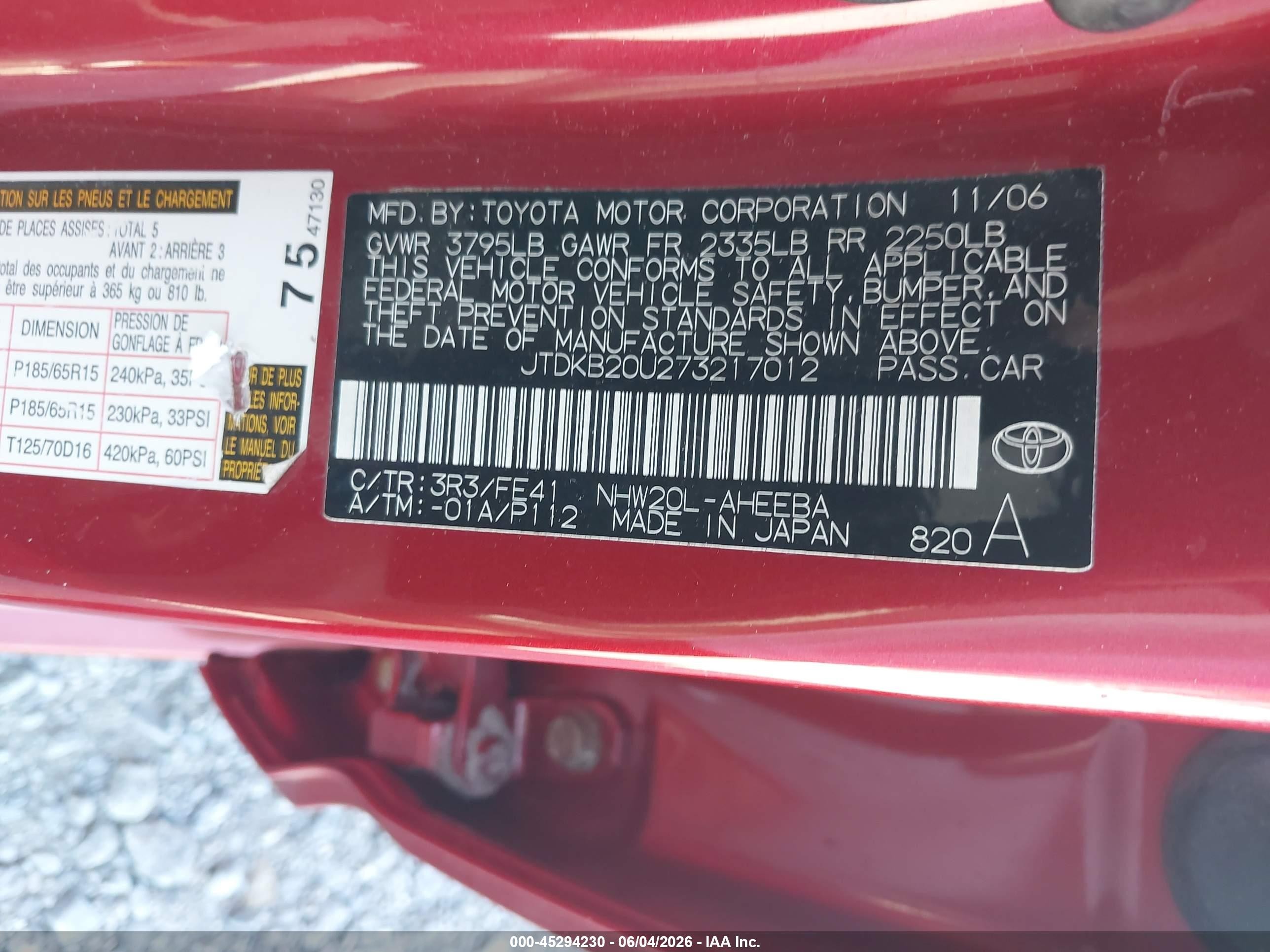 2007 Toyota Prius   Red vin: JTDKB20U273217012