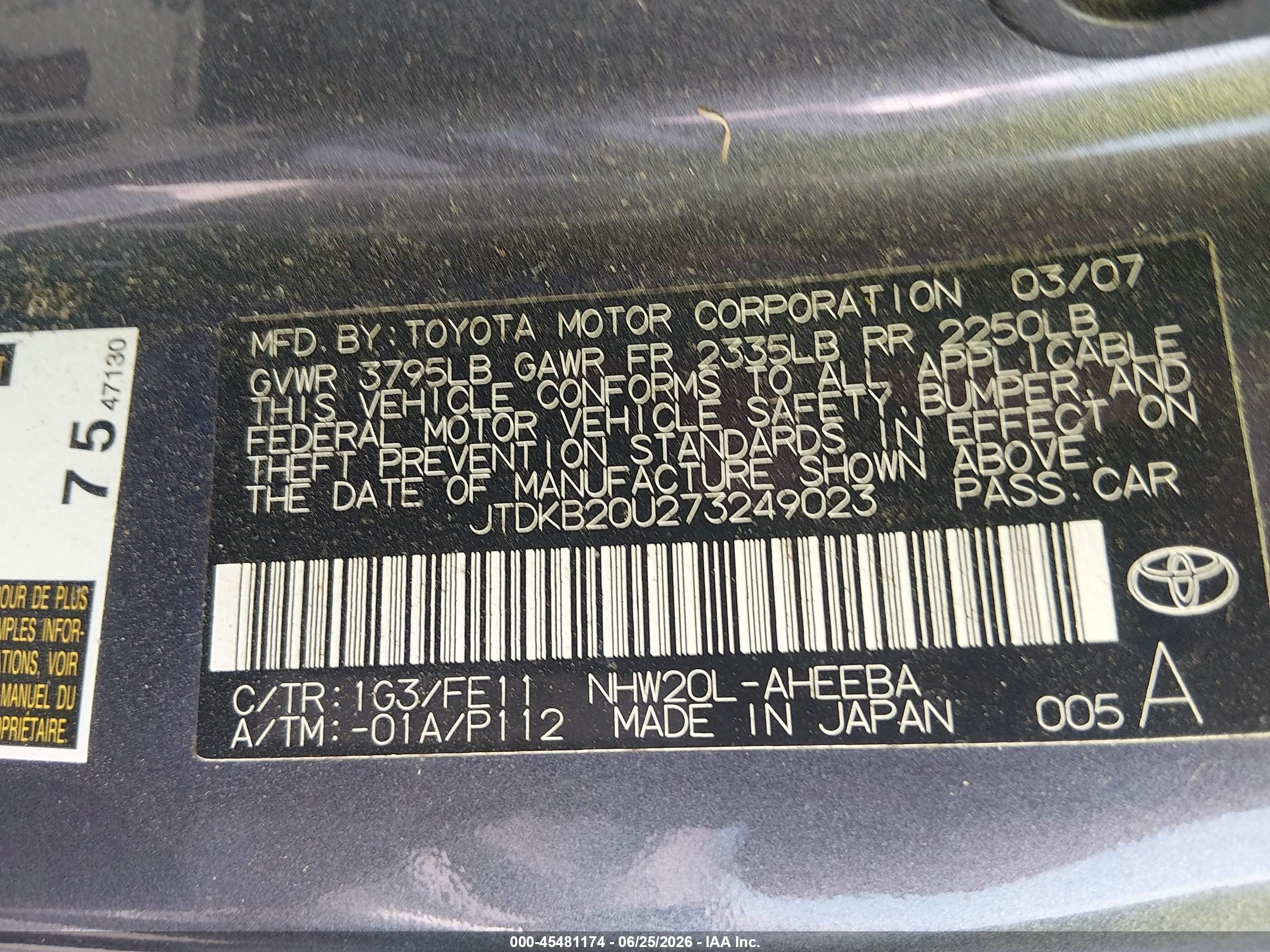 2007 Toyota Prius   Black vin: JTDKB20U273249023