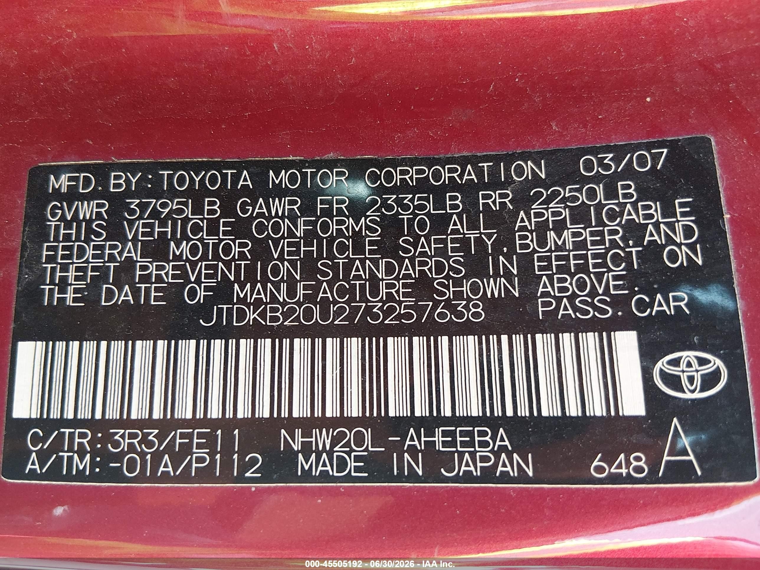 2007 Toyota Prius   Red vin: JTDKB20U273257638