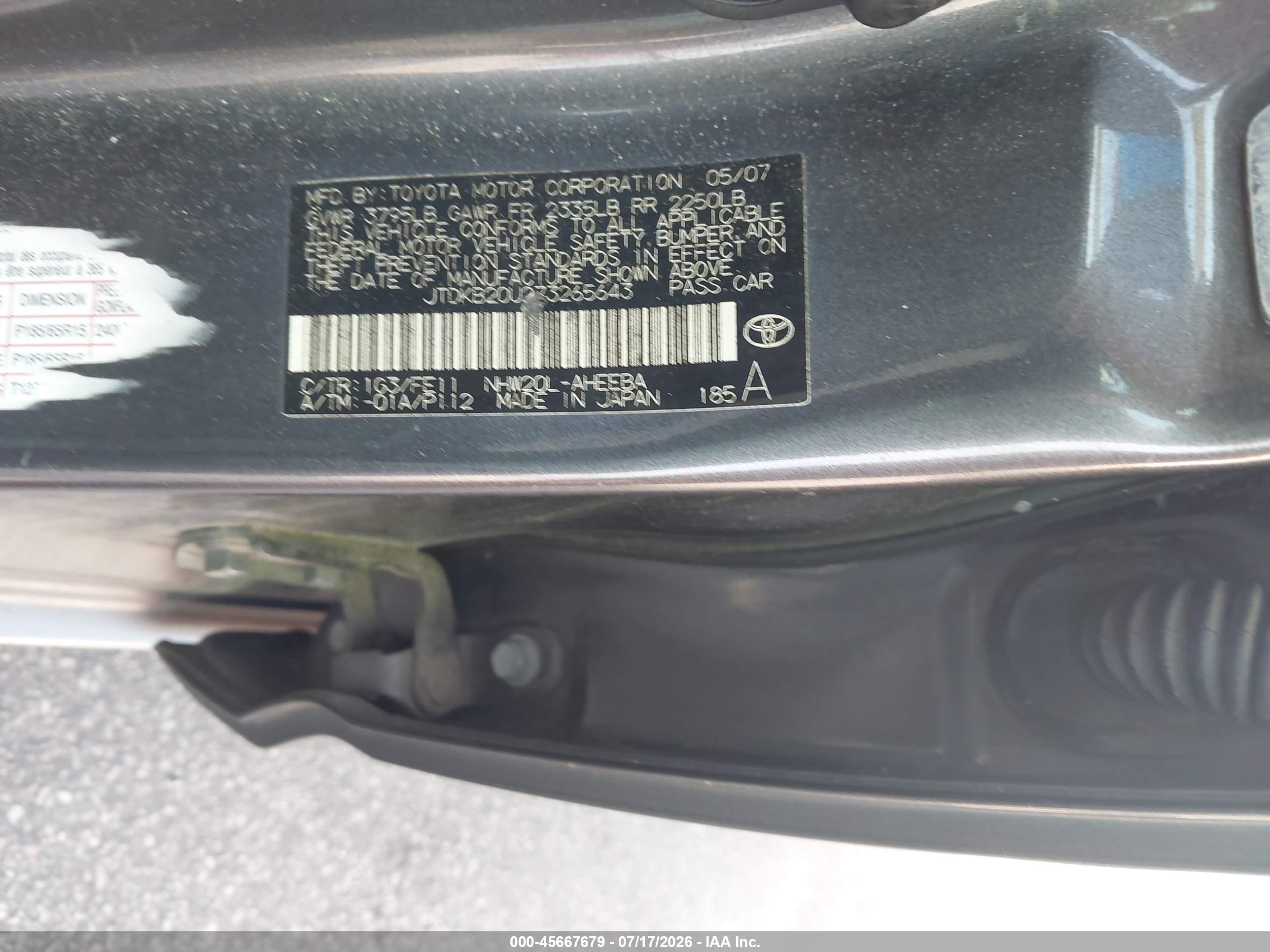 2007 Toyota Prius   Gray vin: JTDKB20U273265643