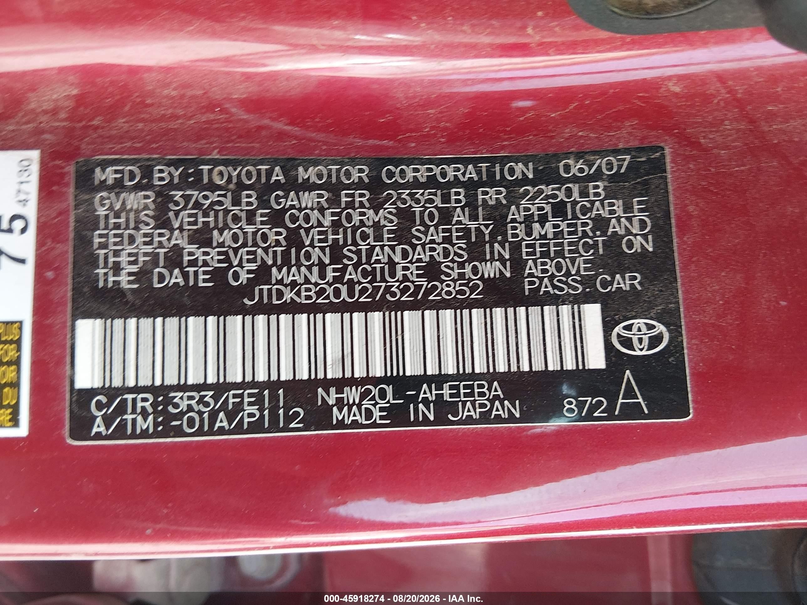 2007 Toyota Prius   Red vin: JTDKB20U273272852