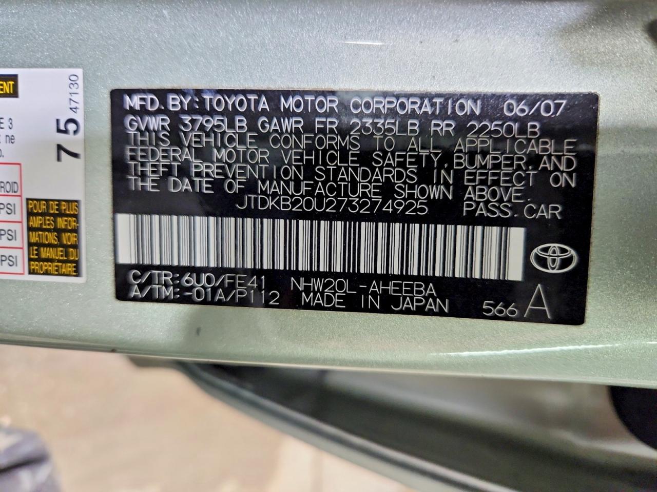 2007 Toyota Prius Base Green vin: JTDKB20U273274925