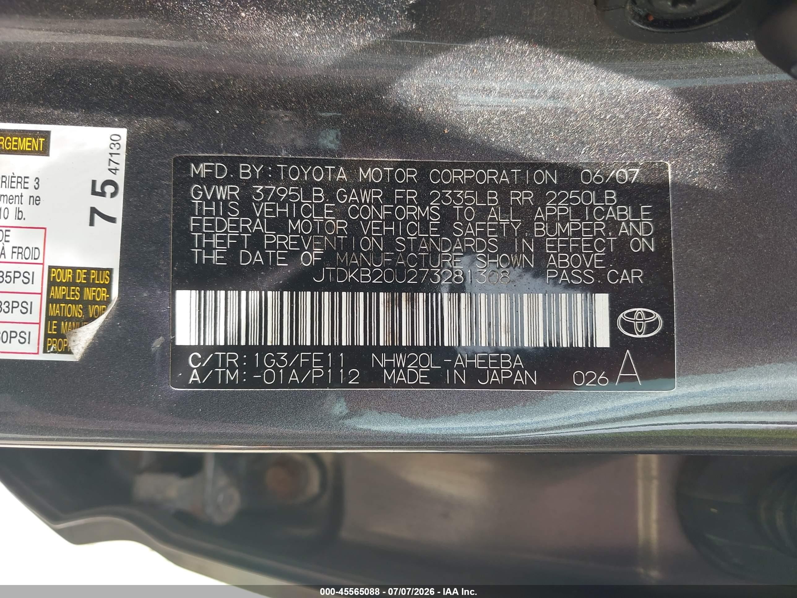 2007 Toyota Prius   Gray vin: JTDKB20U273281308