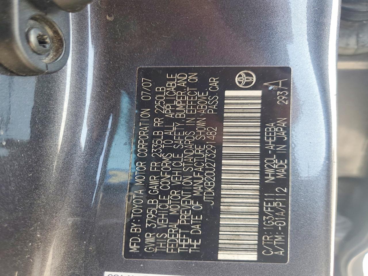 2007 Toyota Prius Base Gray vin: JTDKB20U273291482