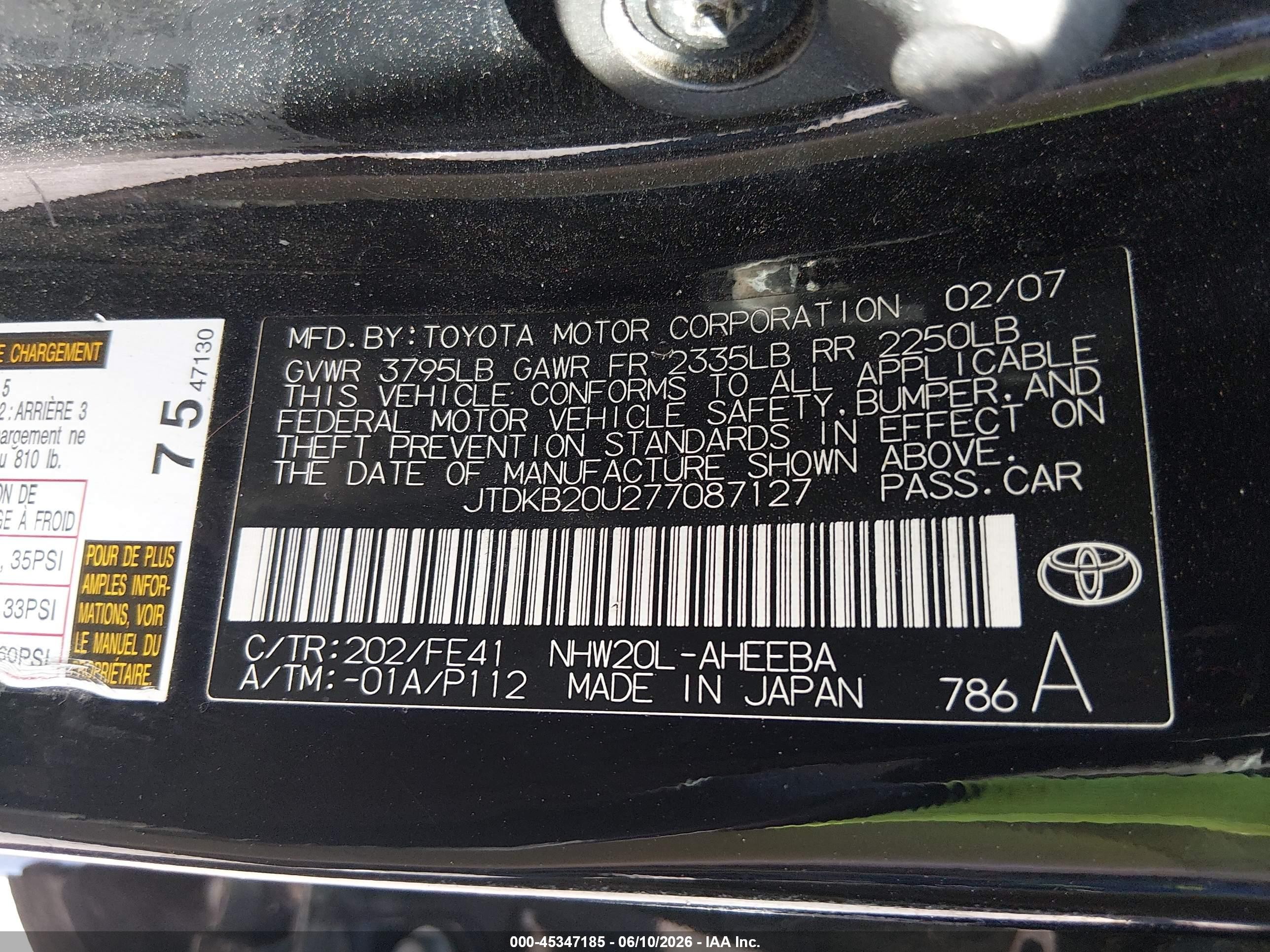 2007 Toyota Prius   Black vin: JTDKB20U277087127