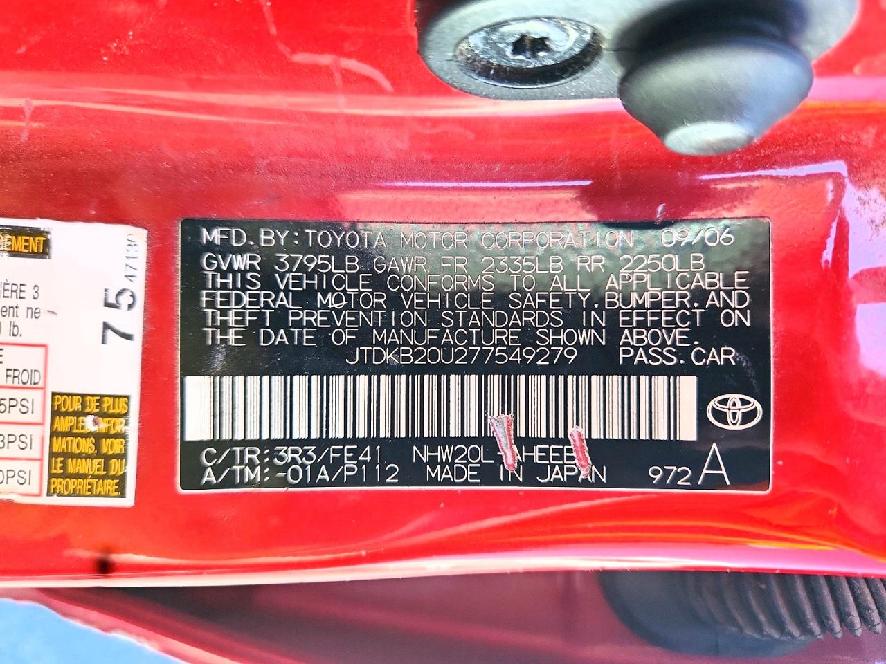 2007 Toyota Prius Base Red vin: JTDKB20U277549279