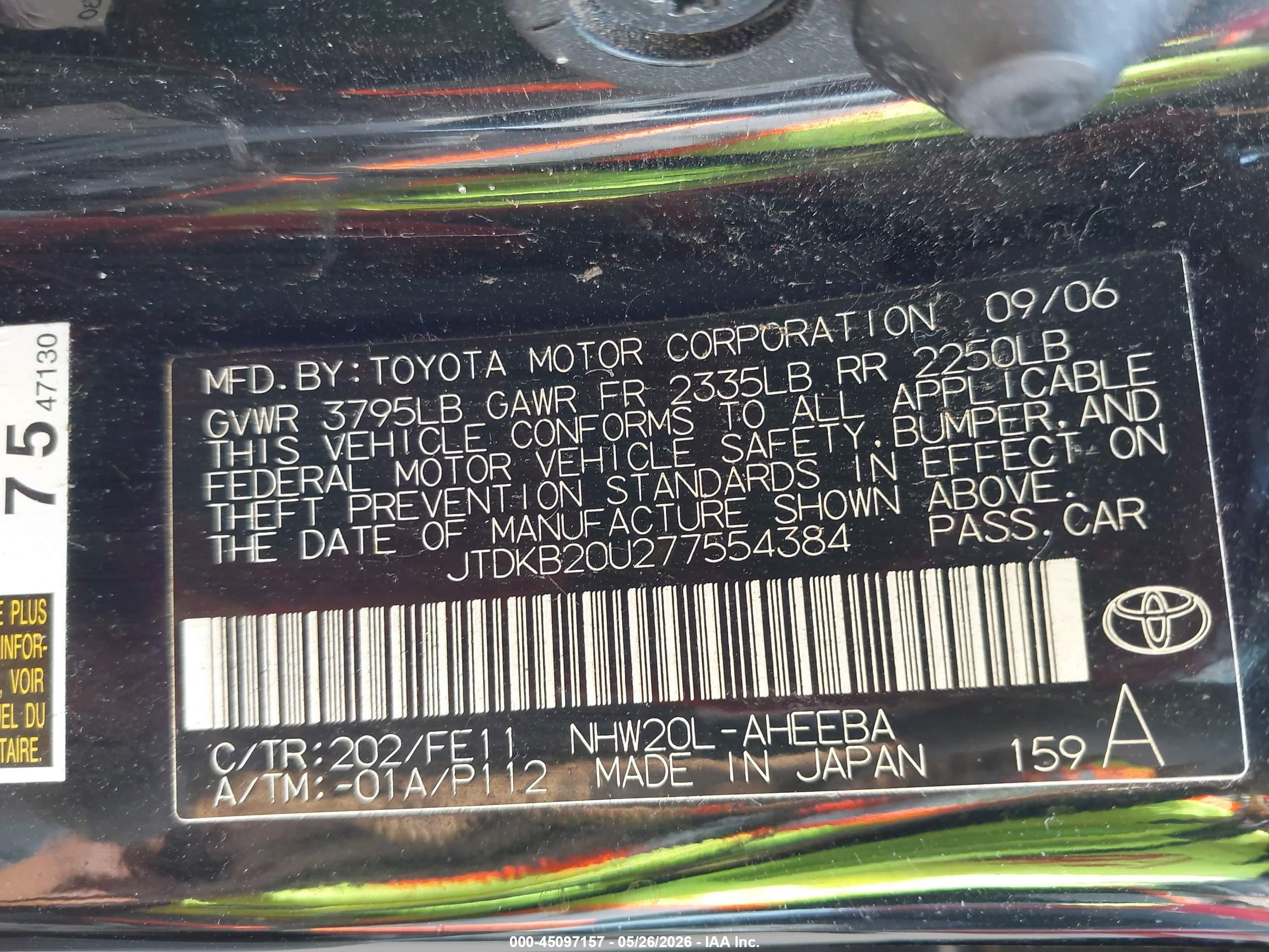 2007 Toyota Prius   Black vin: JTDKB20U277554384