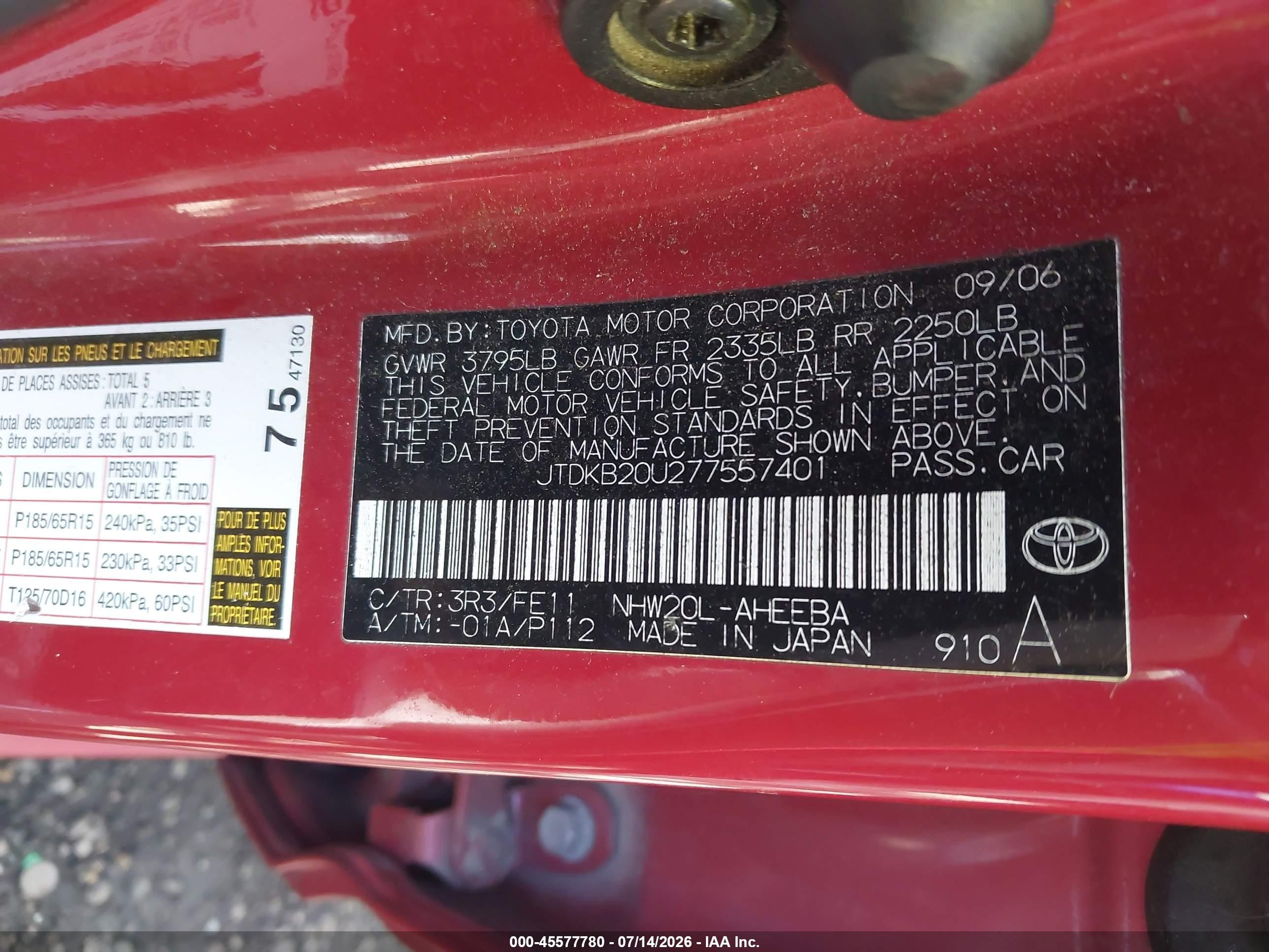 2007 Toyota Prius   Red vin: JTDKB20U277557401