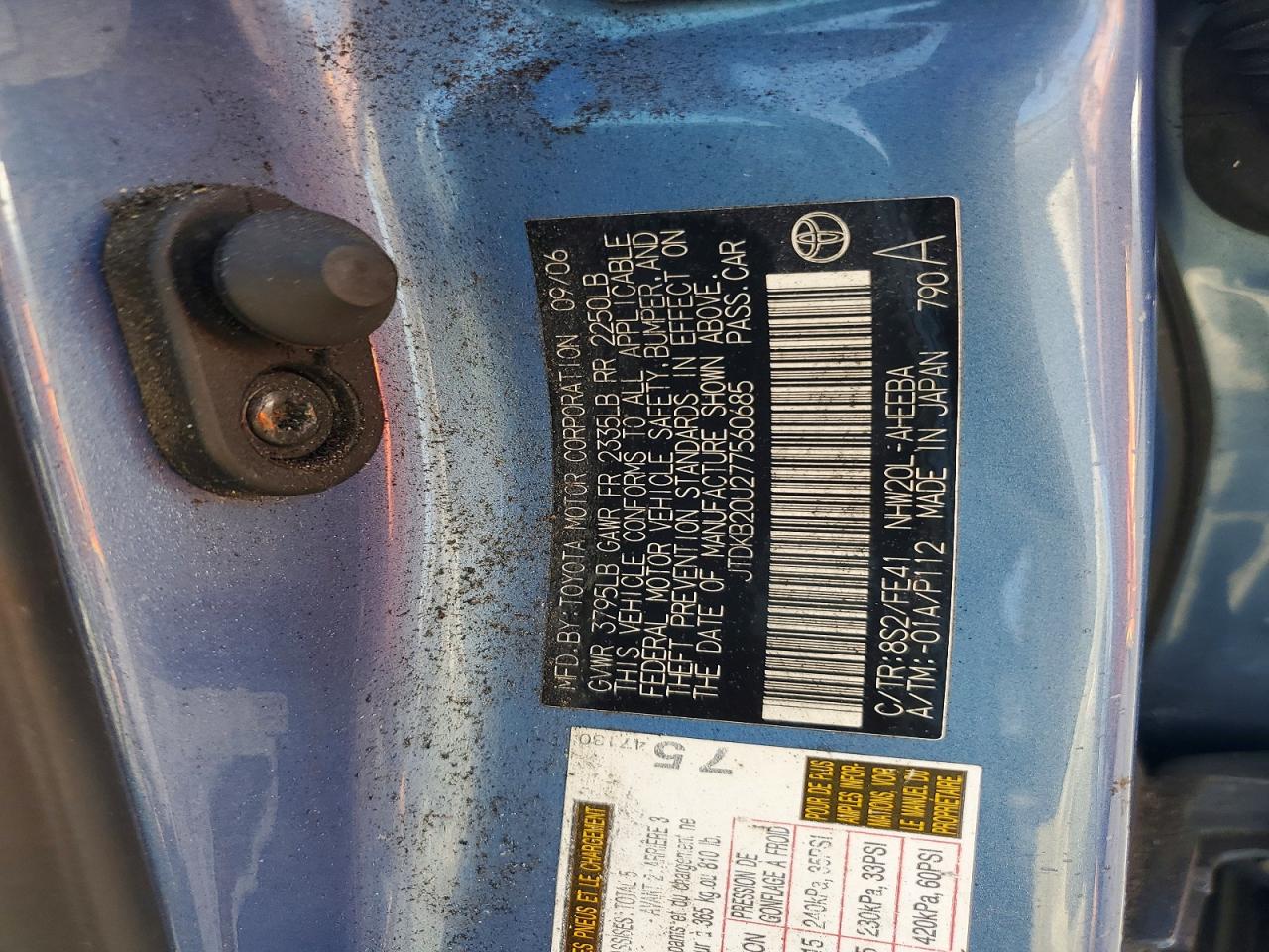 2007 Toyota Prius Blue vin: JTDKB20U277560685