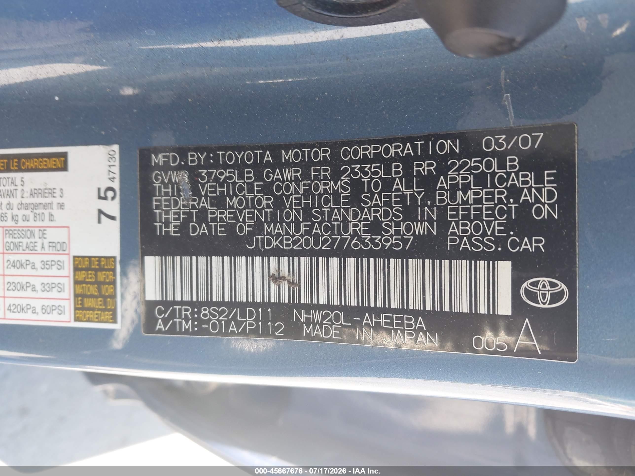 2007 Toyota Prius   Blue vin: JTDKB20U277633957