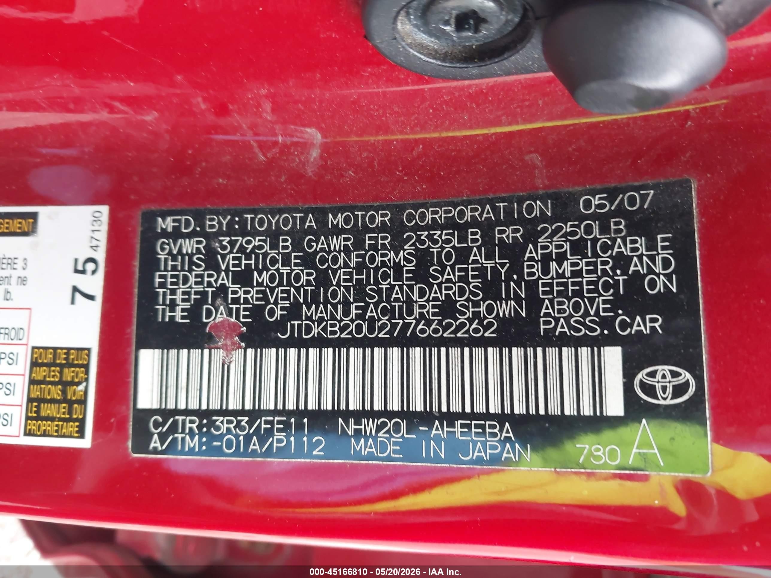2007 Toyota Prius Red vin: JTDKB20U277662262