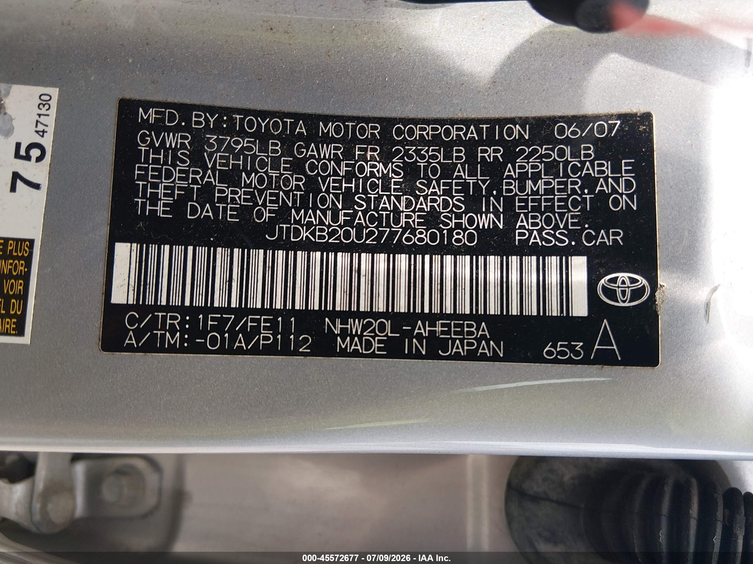 2007 Toyota Prius   Silver vin: JTDKB20U277680180