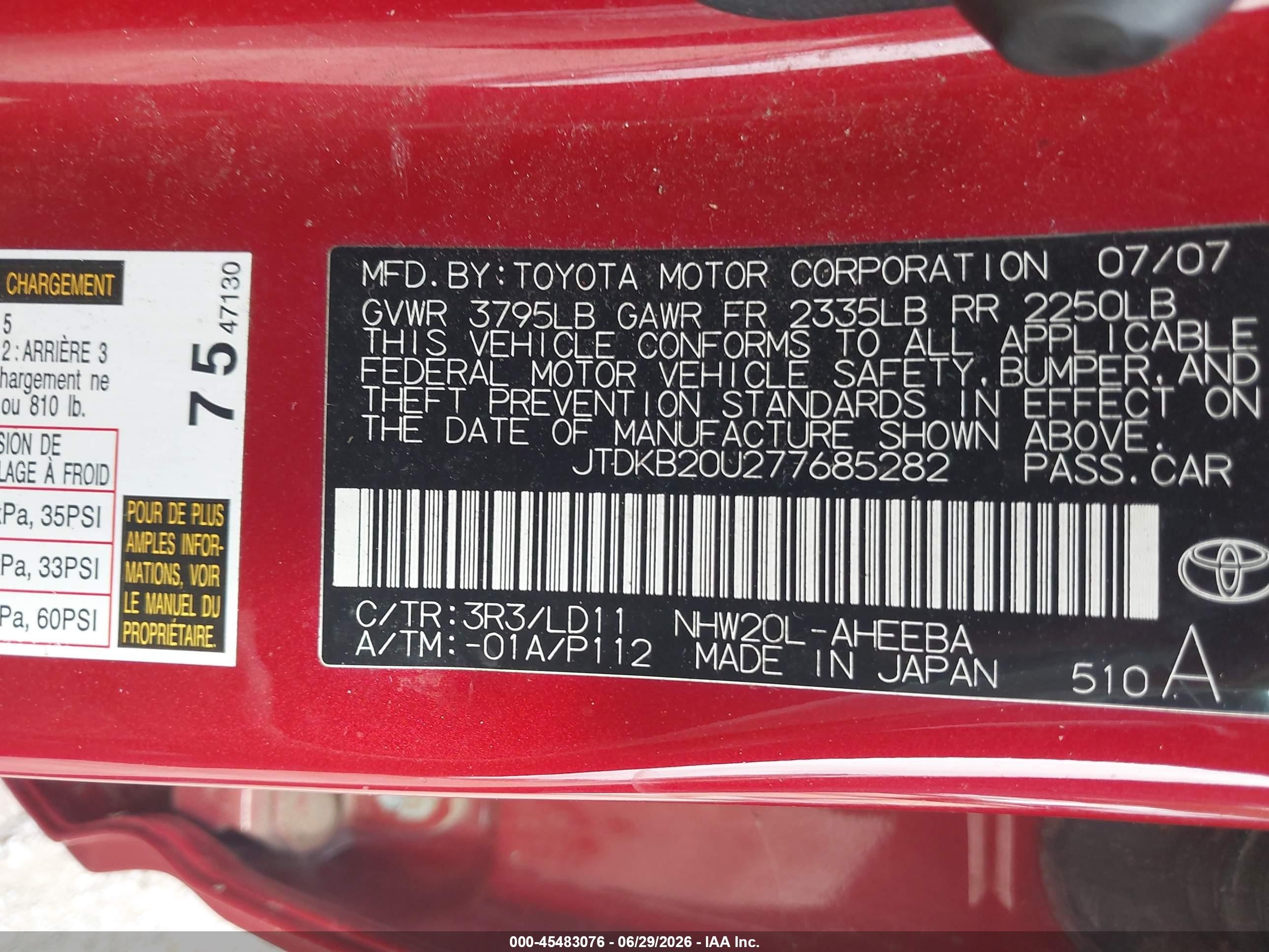 2007 Toyota Prius   Red vin: JTDKB20U277685282