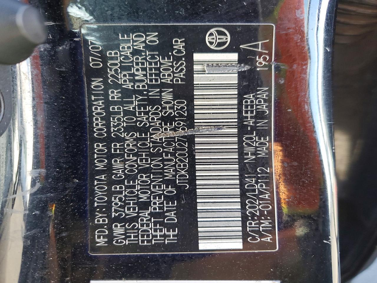 2007 Toyota Prius Base Black vin: JTDKB20U277691230