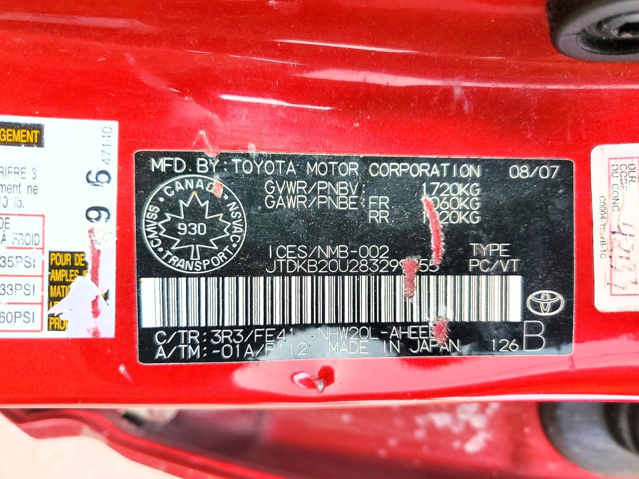 2008 Toyota Prius Red vin: JTDKB20U283299955
