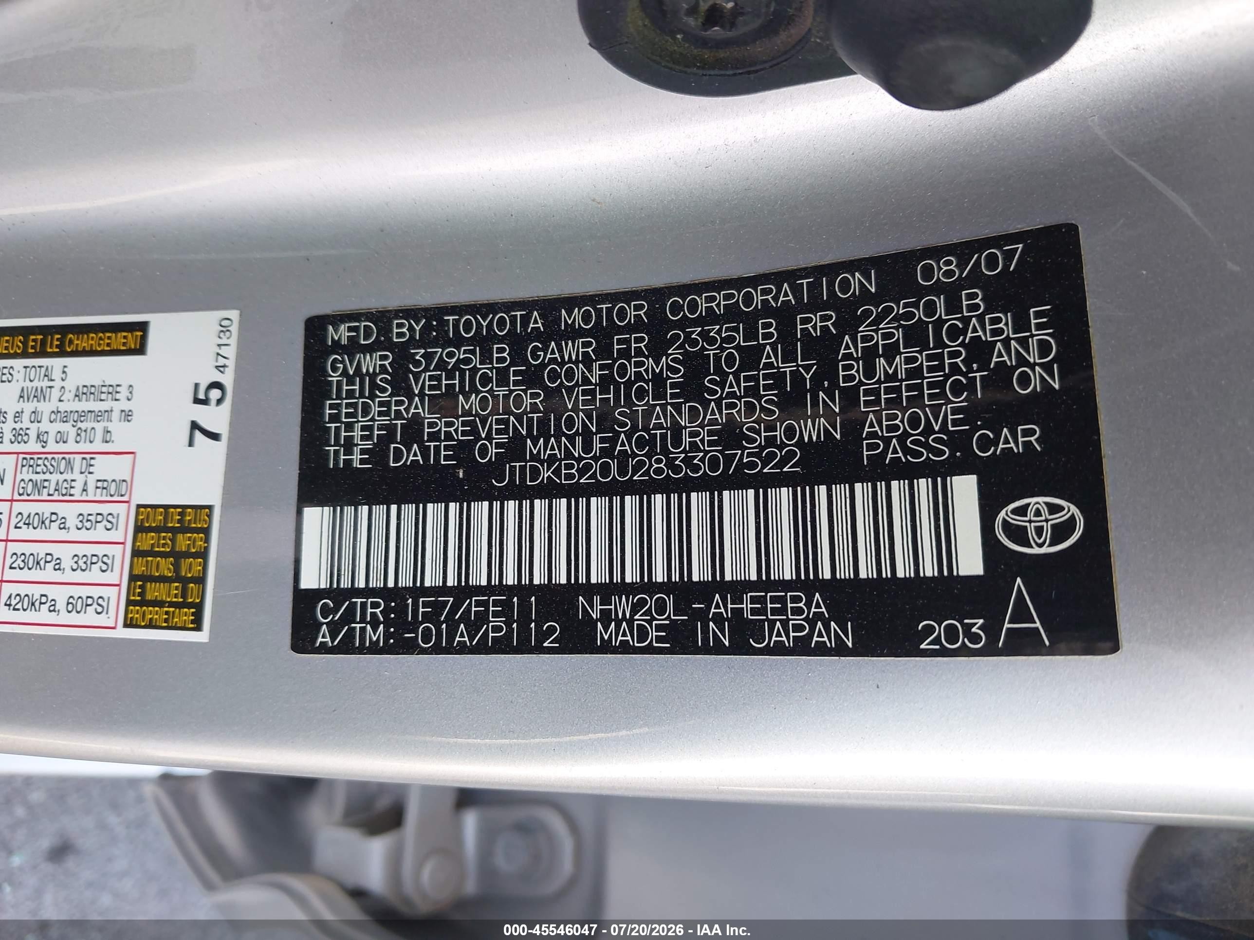 2008 Toyota Prius   Silver vin: JTDKB20U283307522
