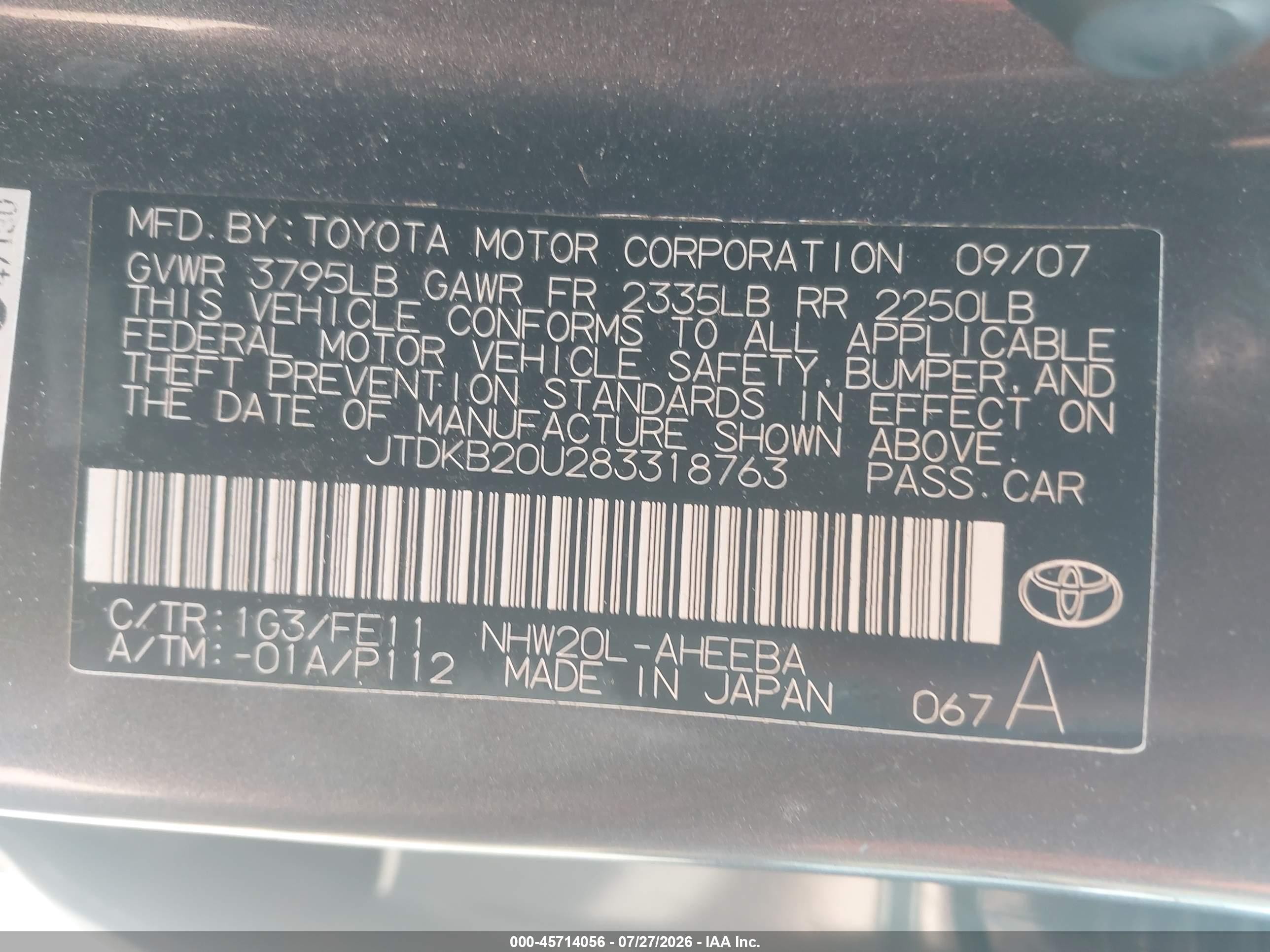 2008 Toyota Prius   Gray vin: JTDKB20U283318763