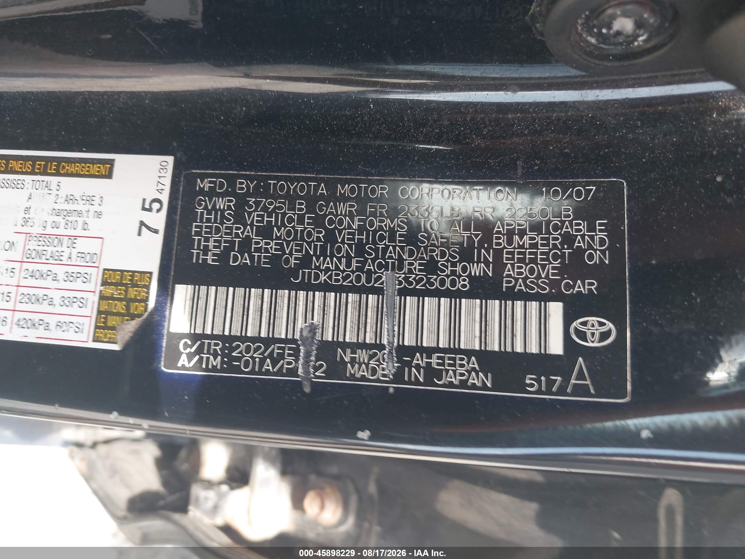 2008 Toyota Prius   Black vin: JTDKB20U283323008