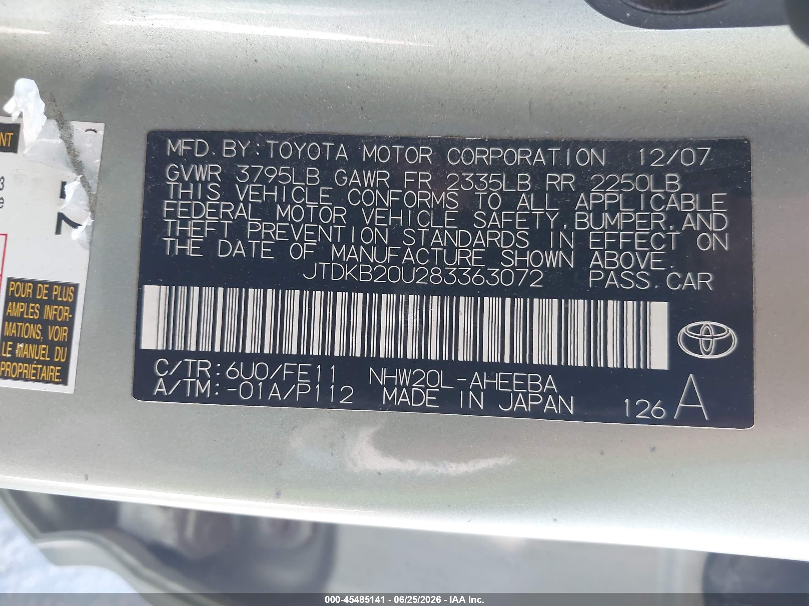2008 Toyota Prius   Light Blue vin: JTDKB20U283363072
