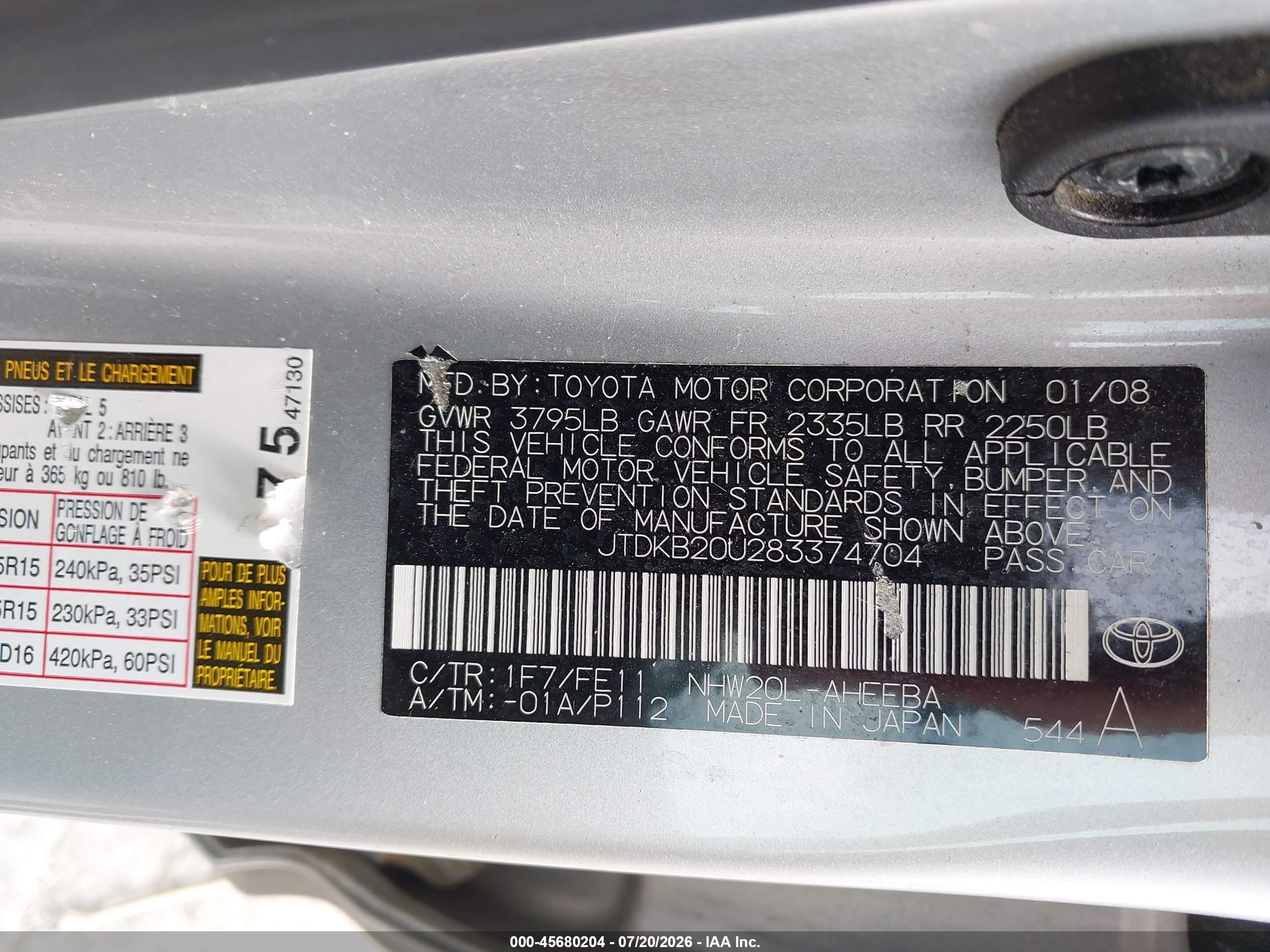 2008 Toyota Prius Silver vin: JTDKB20U283374704