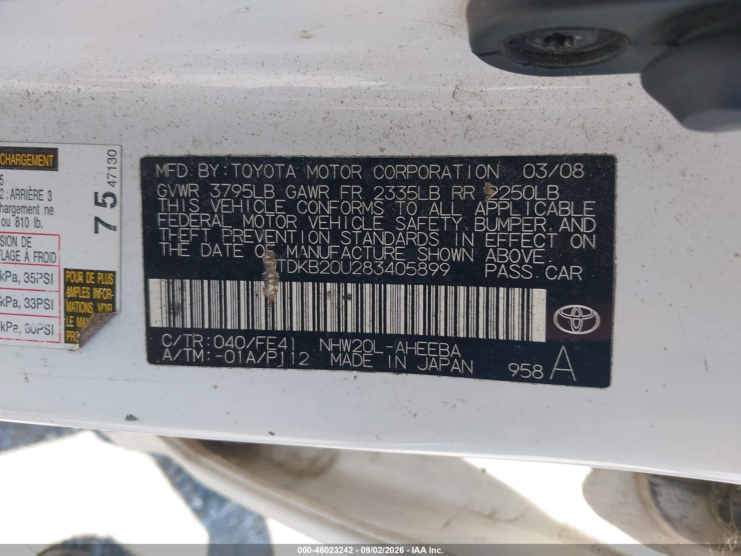 2008 Toyota Prius   White vin: JTDKB20U283405899