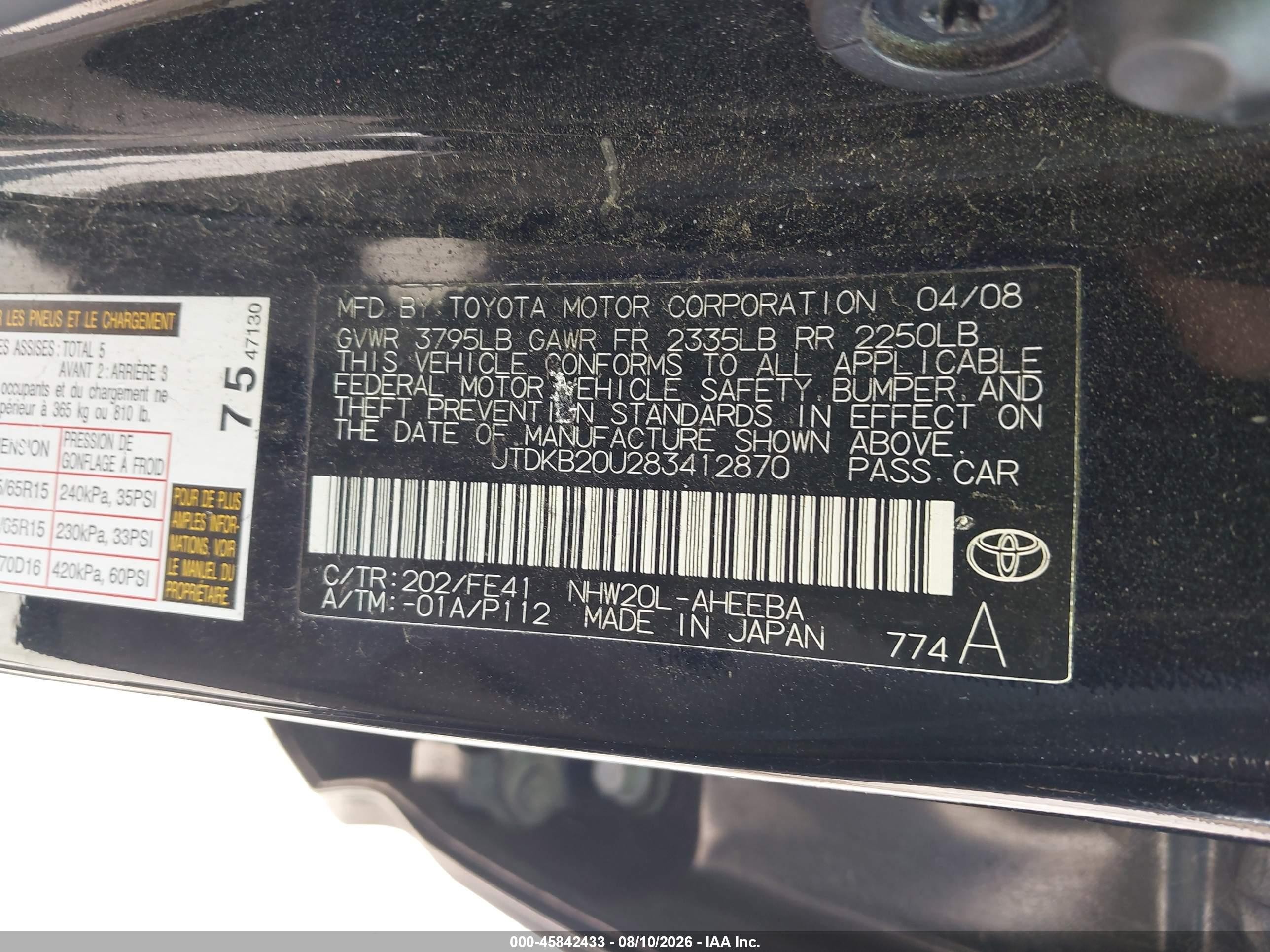 2008 Toyota Prius   Black vin: JTDKB20U283412870