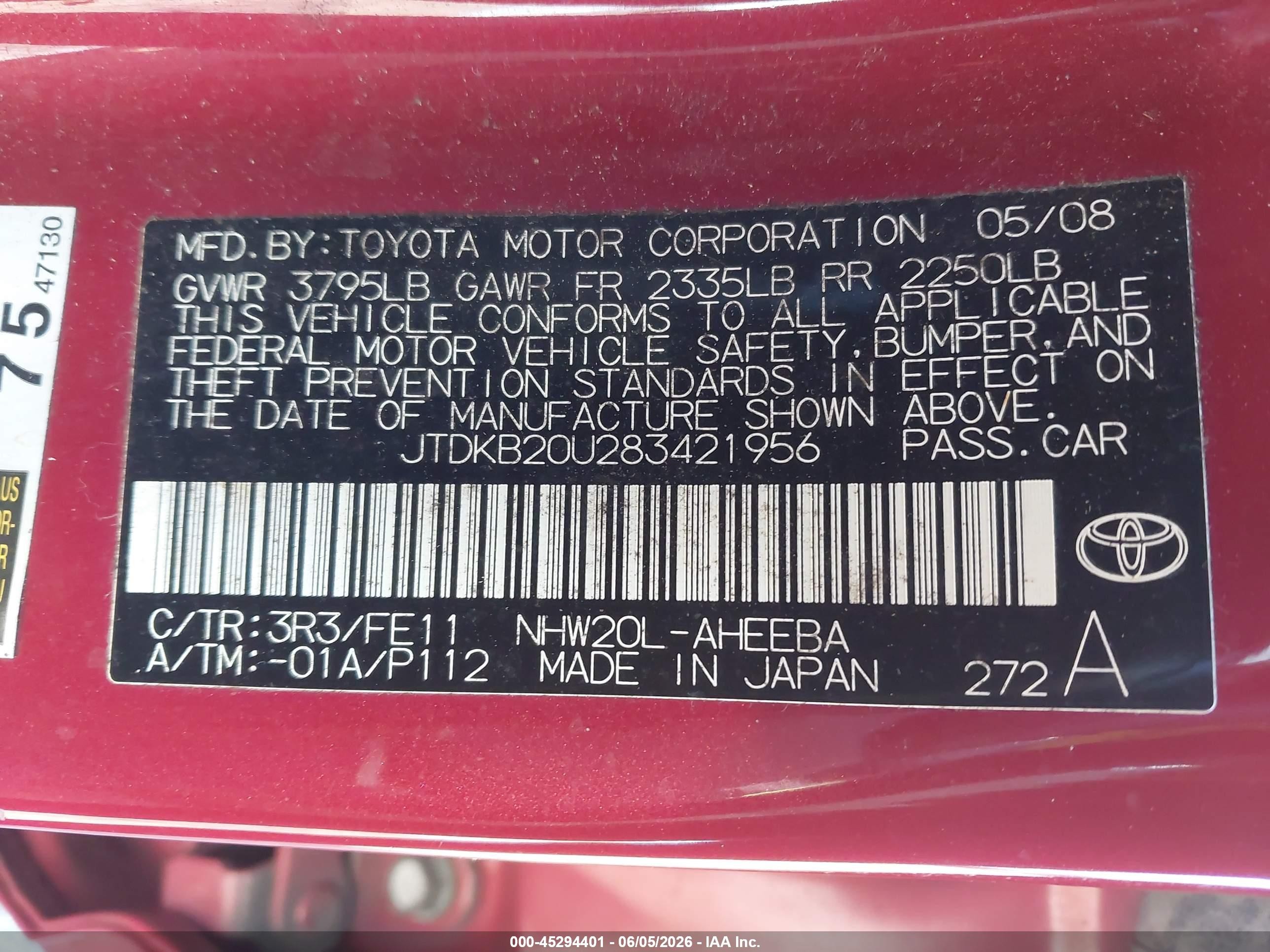 2008 Toyota Prius   Red vin: JTDKB20U283421956