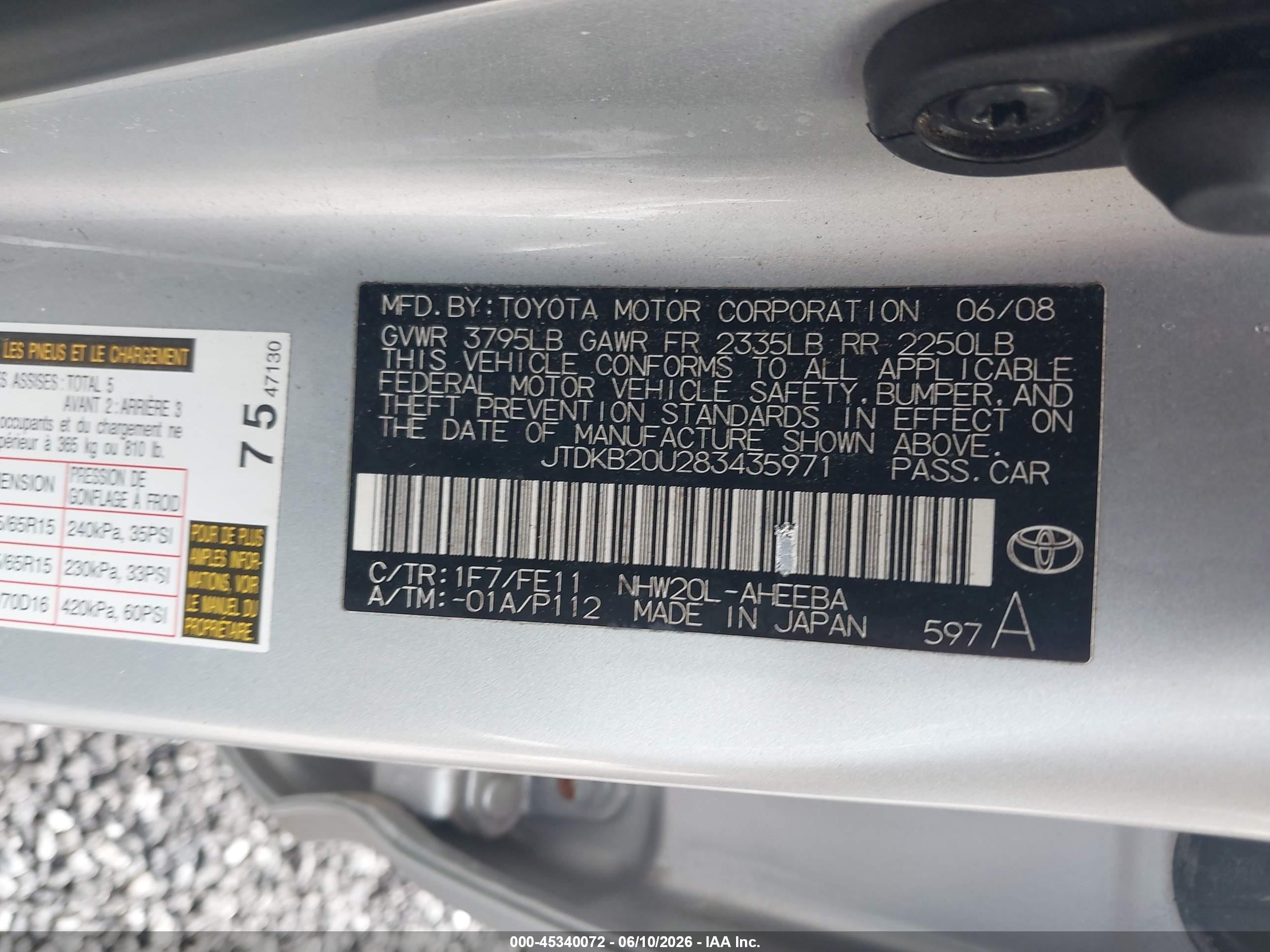 2008 Toyota Prius   Silver vin: JTDKB20U283435971