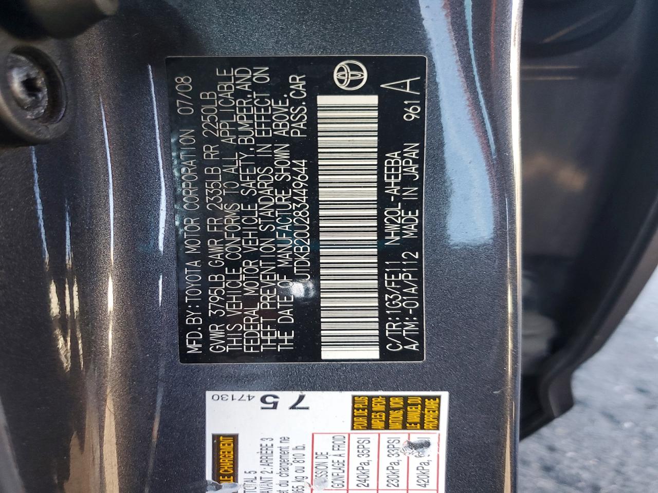 2008 Toyota Prius Gray vin: JTDKB20U283449644