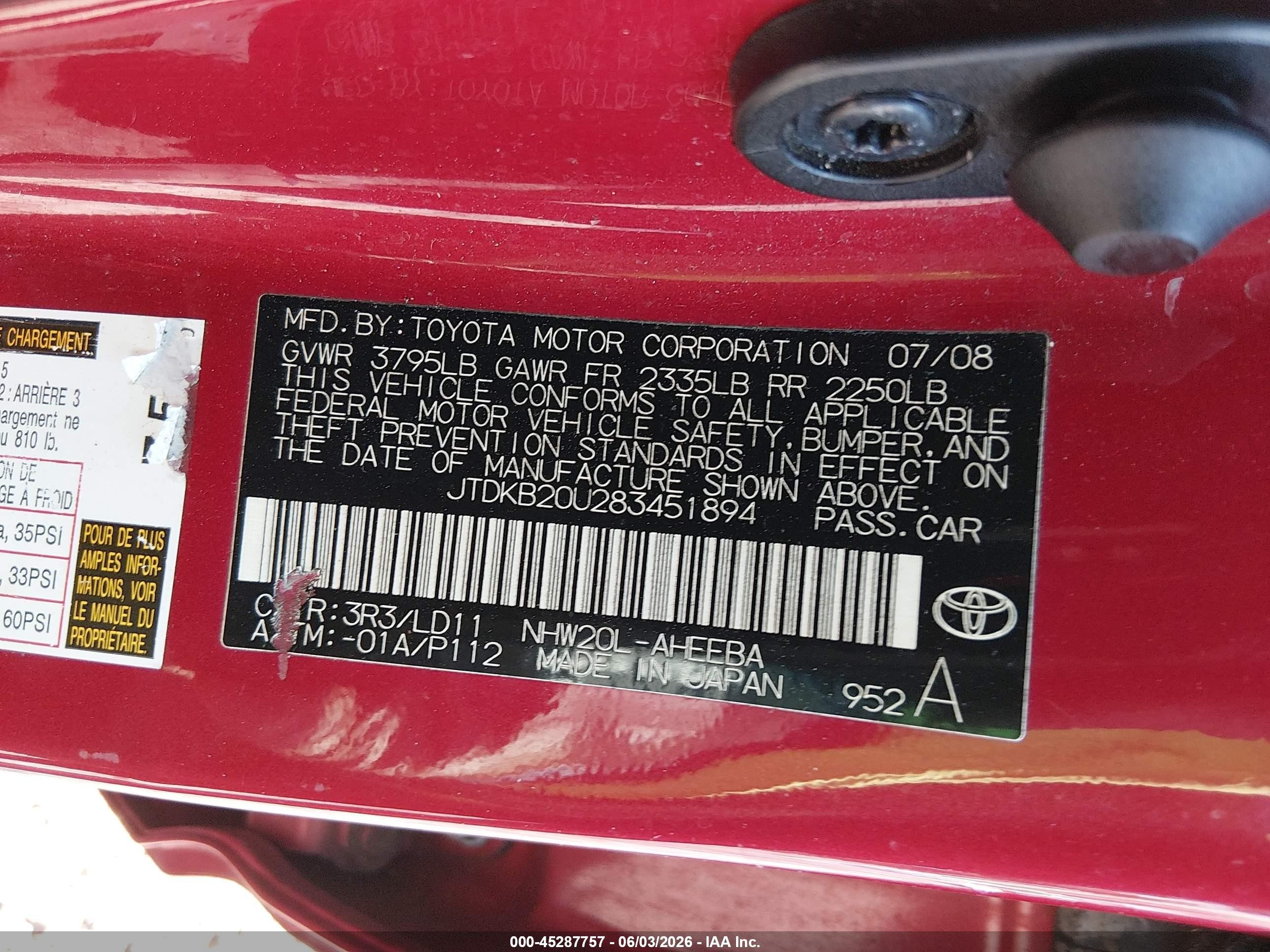 2008 Toyota Prius   Red vin: JTDKB20U283451894