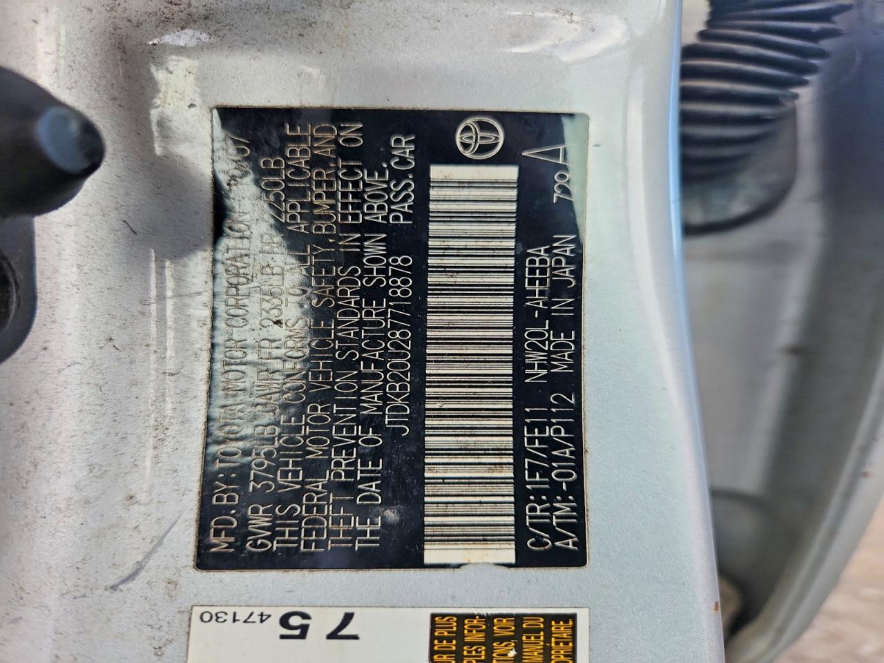 2008 Toyota Prius Base Silver vin: JTDKB20U287718878