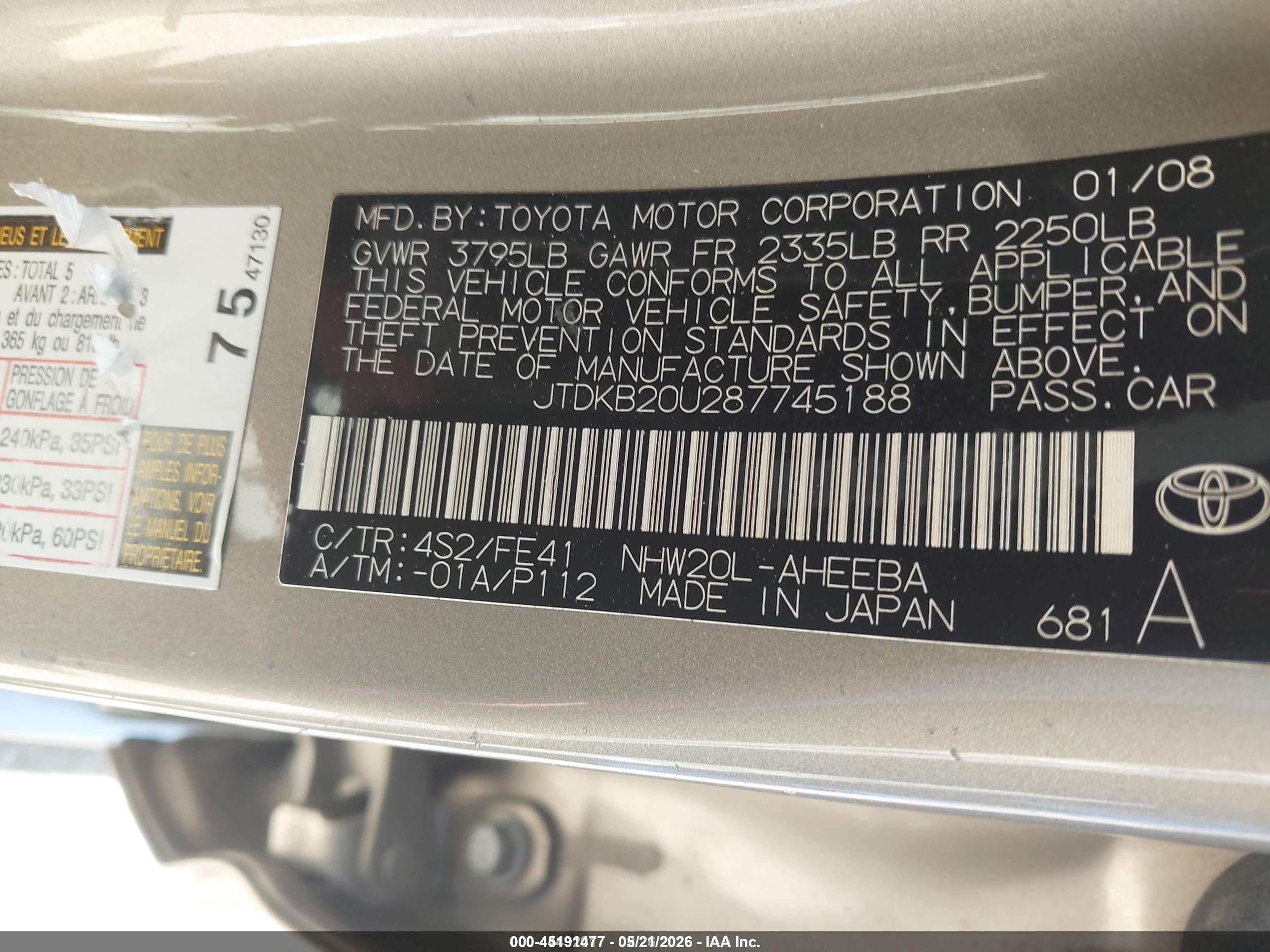 2008 Toyota Prius   Tan vin: JTDKB20U287745188