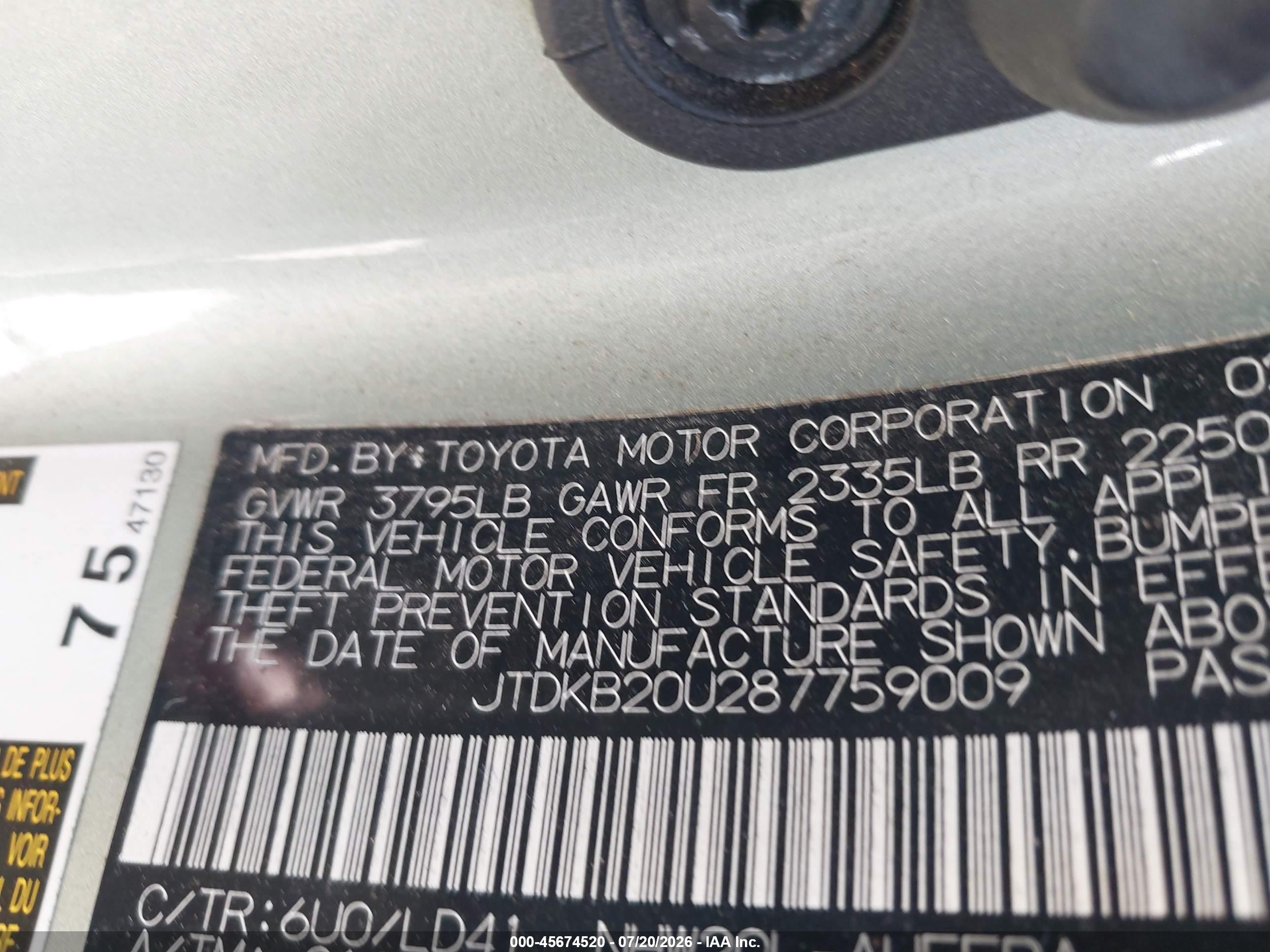 2008 Toyota Prius   Green vin: JTDKB20U287759009