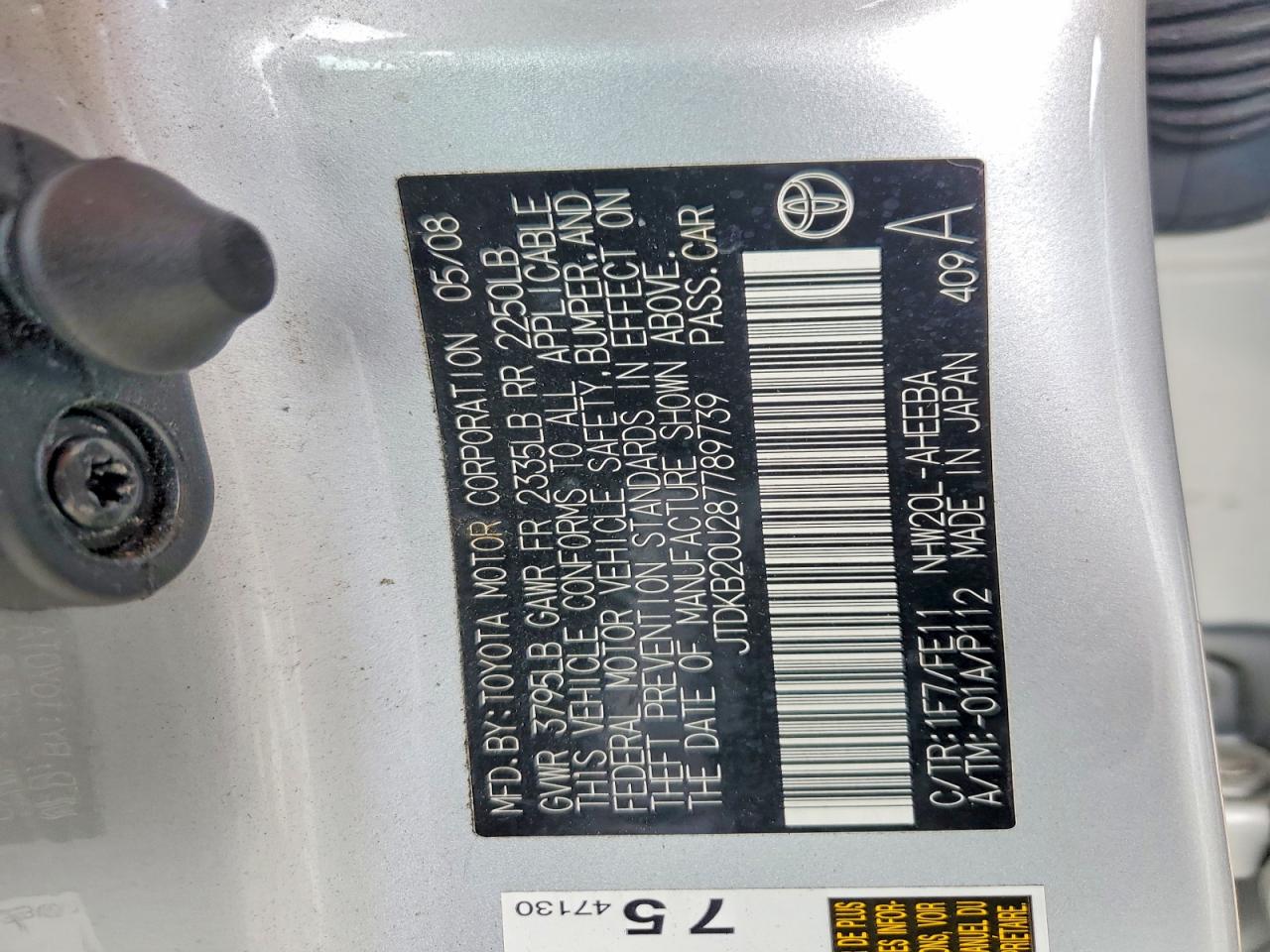 2008 Toyota Prius Base Silver vin: JTDKB20U287789739