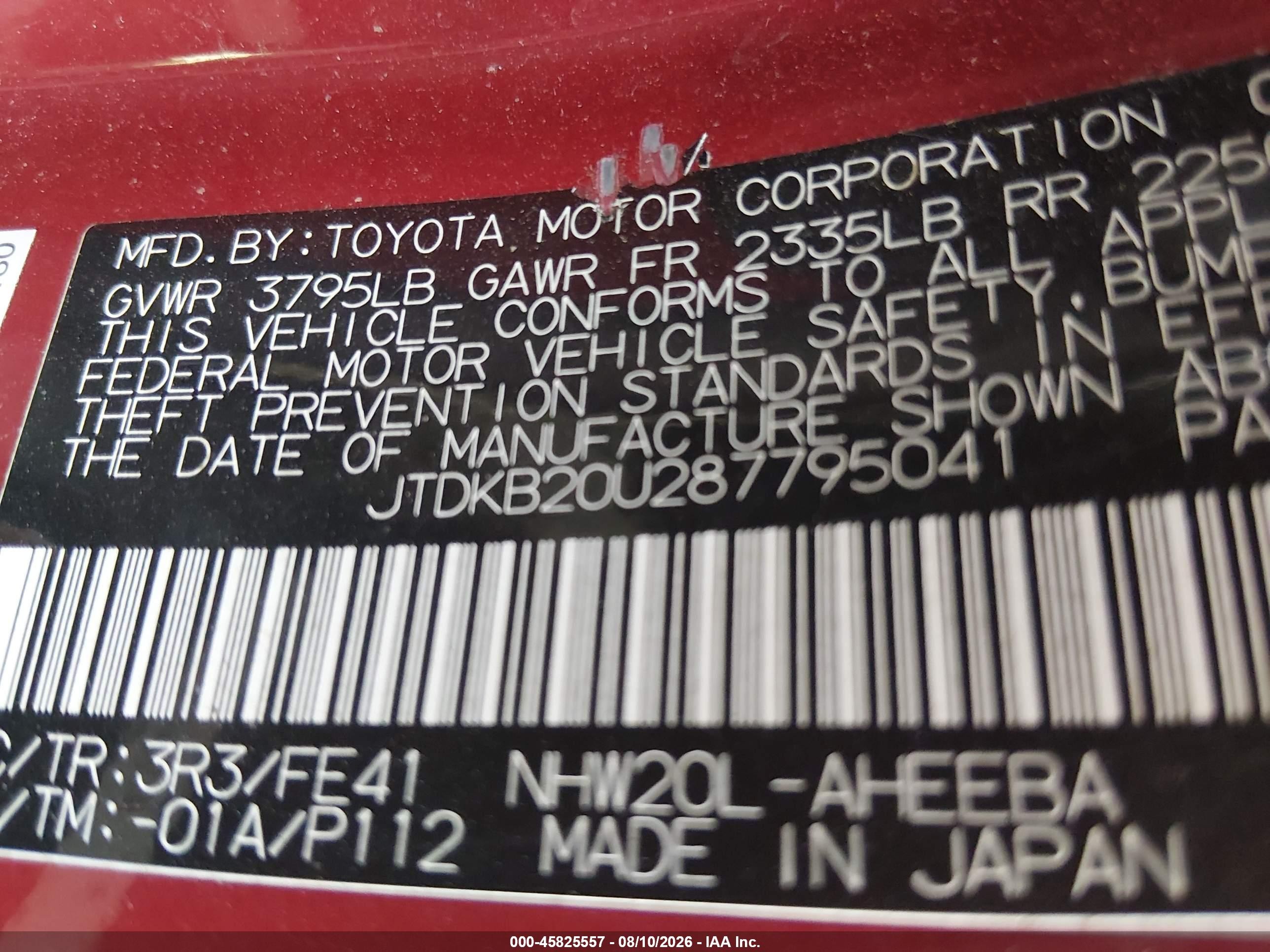 2008 Toyota Prius   Red vin: JTDKB20U287795041