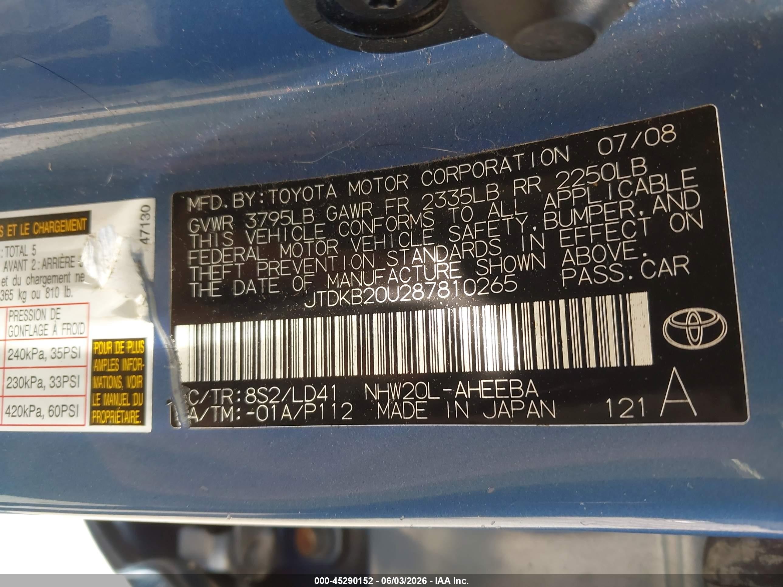 2008 Toyota Prius Blue vin: JTDKB20U287810265