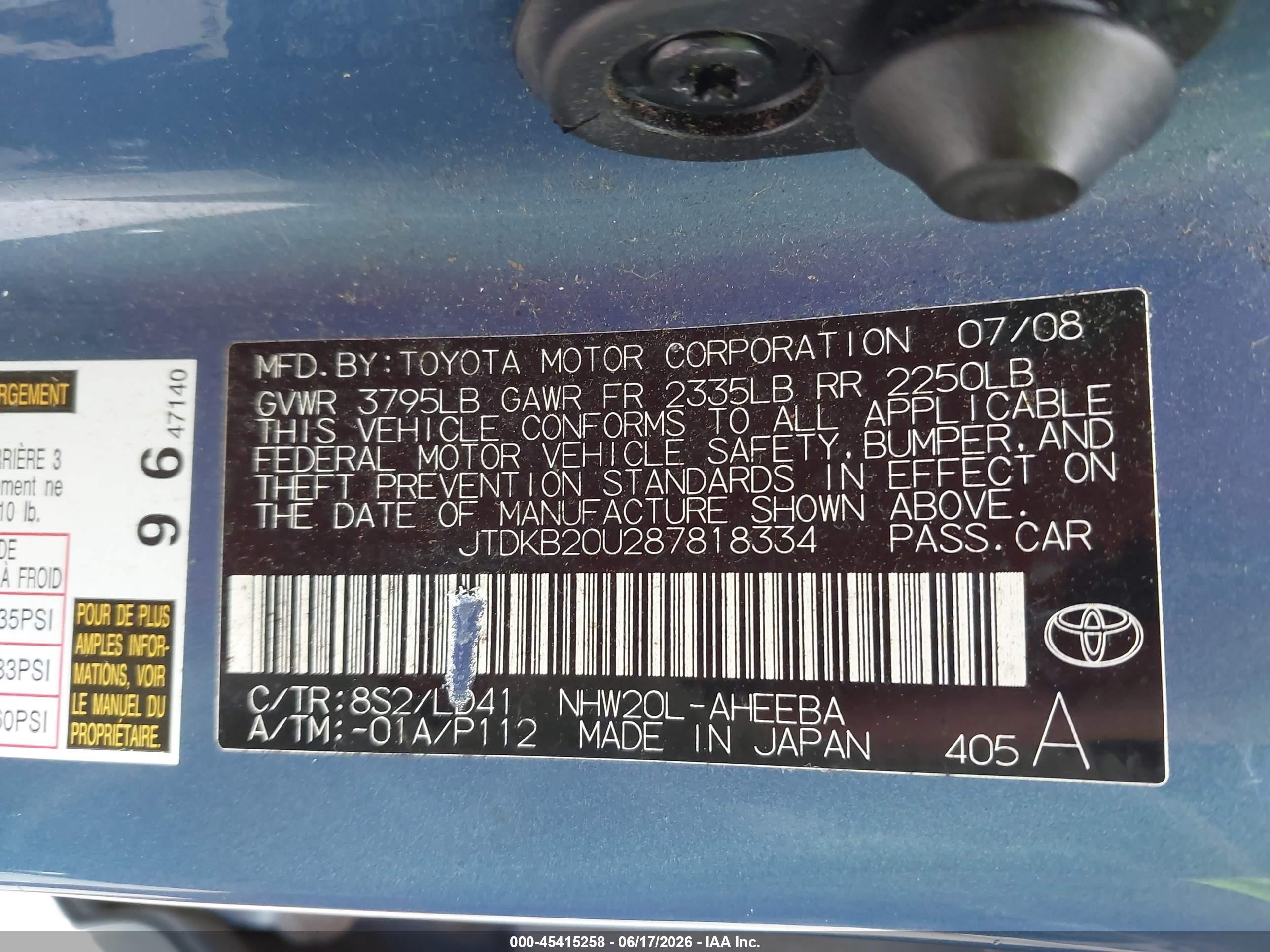 2008 Toyota Prius Touring Blue vin: JTDKB20U287818334