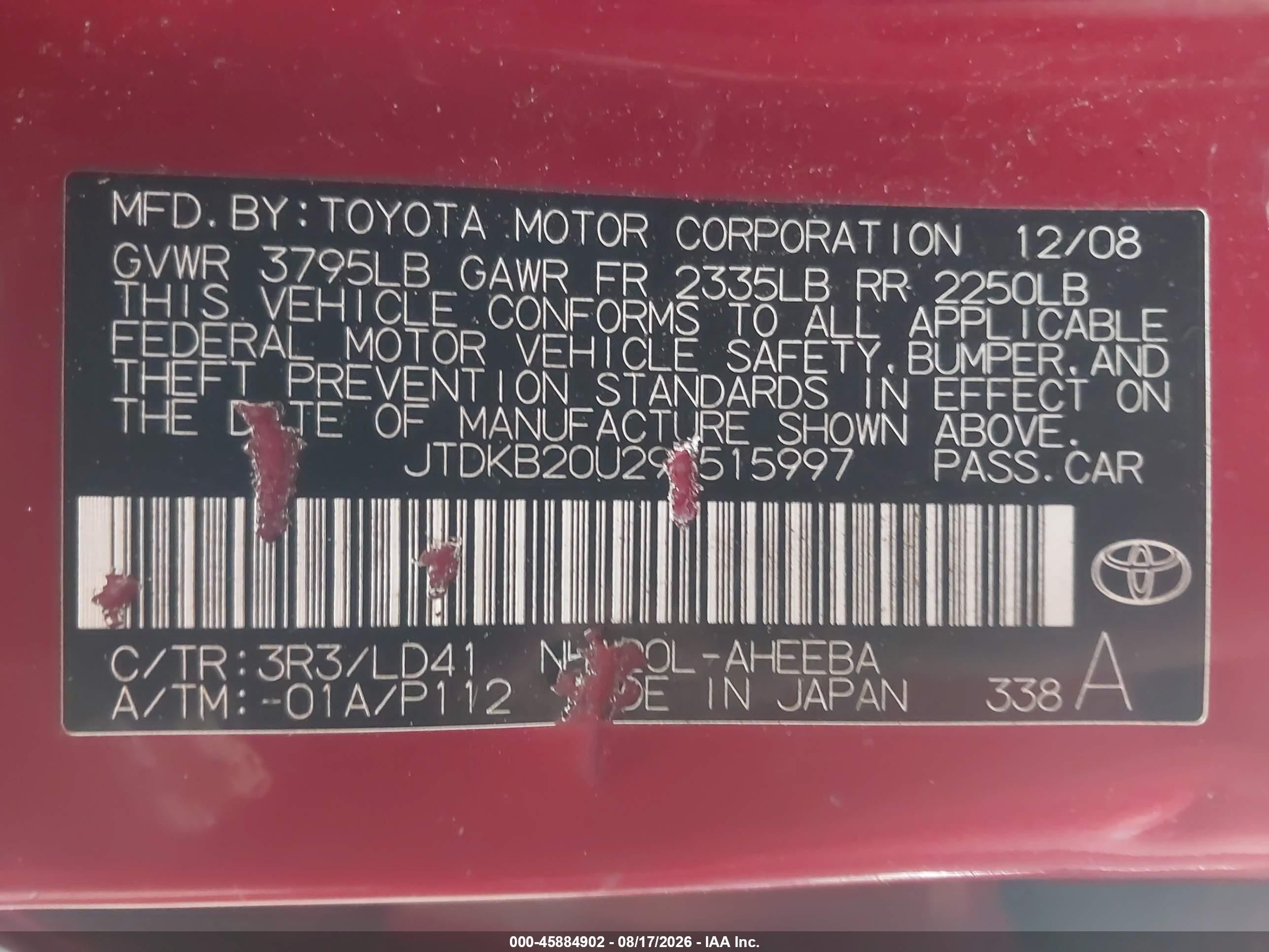 2009 Toyota Prius Красный vin: JTDKB20U293515997