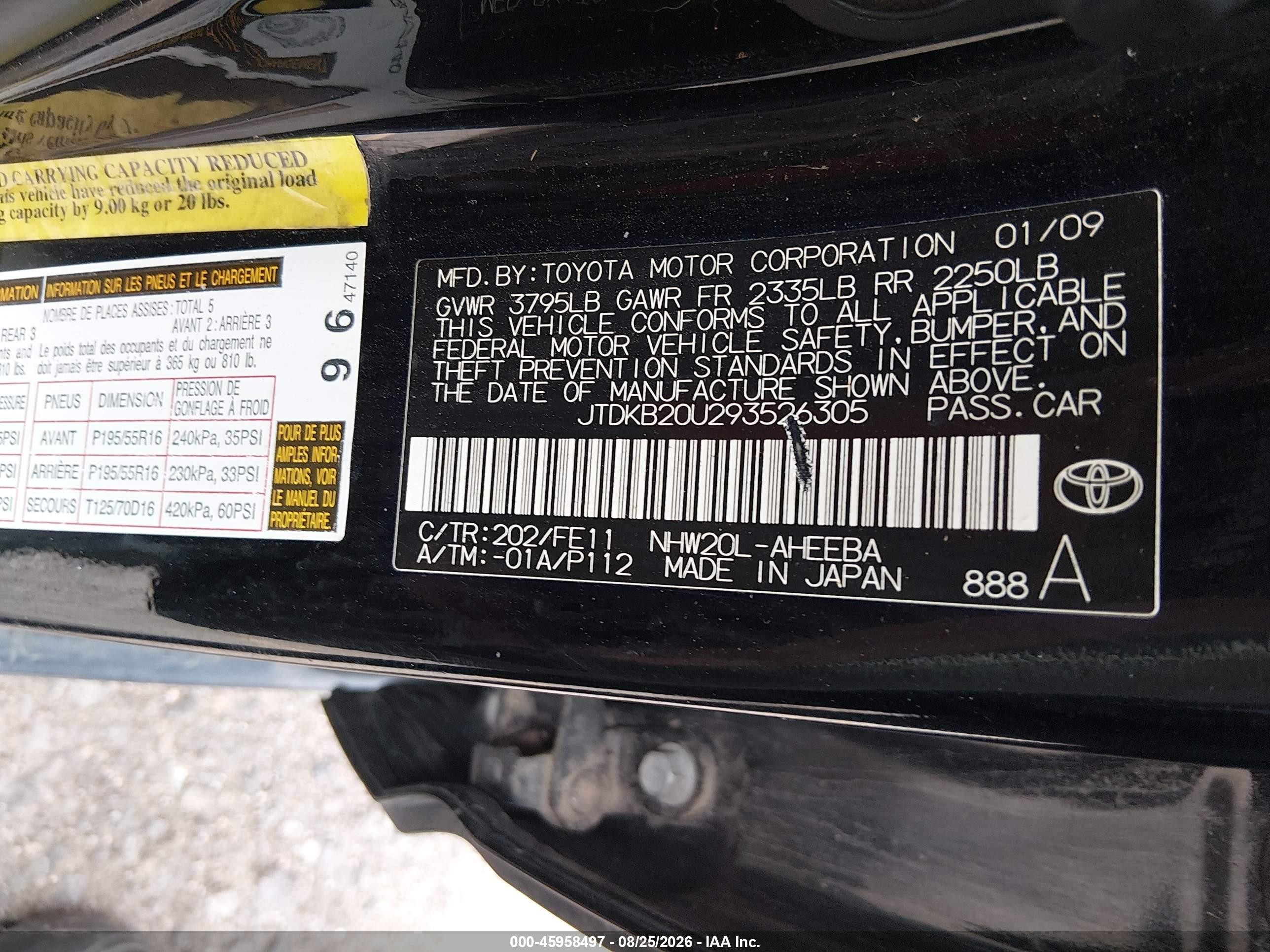 2009 Toyota Prius Touring Black vin: JTDKB20U293526305