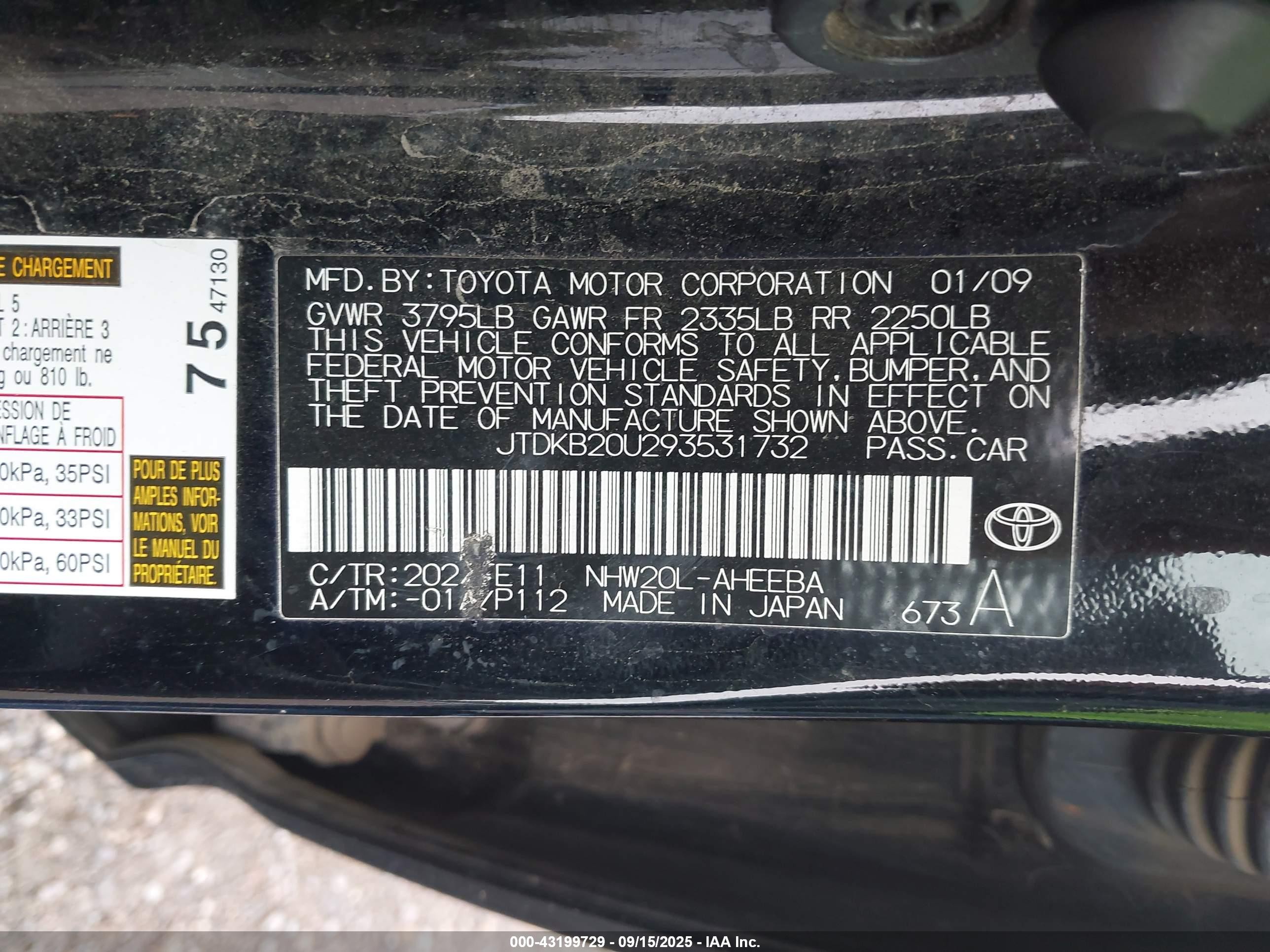 2009 Toyota Prius   Black vin: JTDKB20U293531732