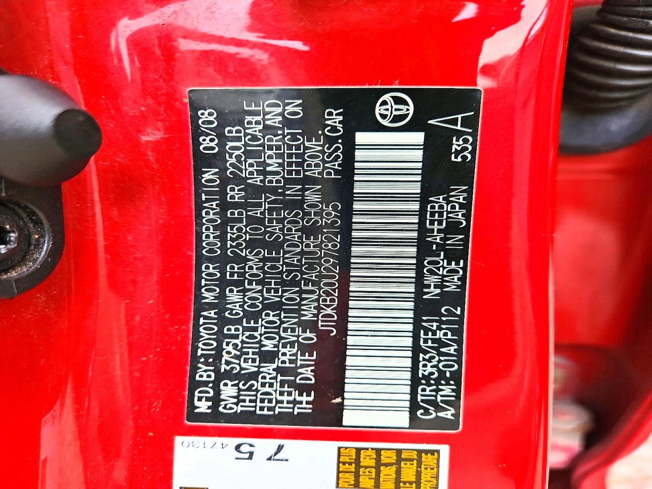 2009 Toyota Prius Base Red vin: JTDKB20U297821395