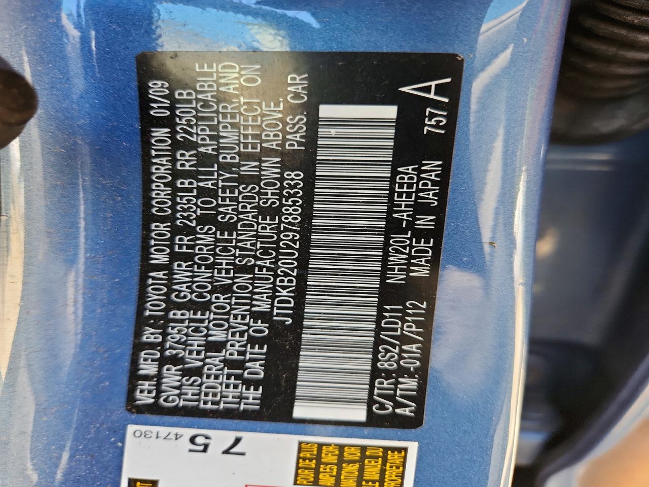 2009 Toyota Prius Base Blue vin: JTDKB20U297885338