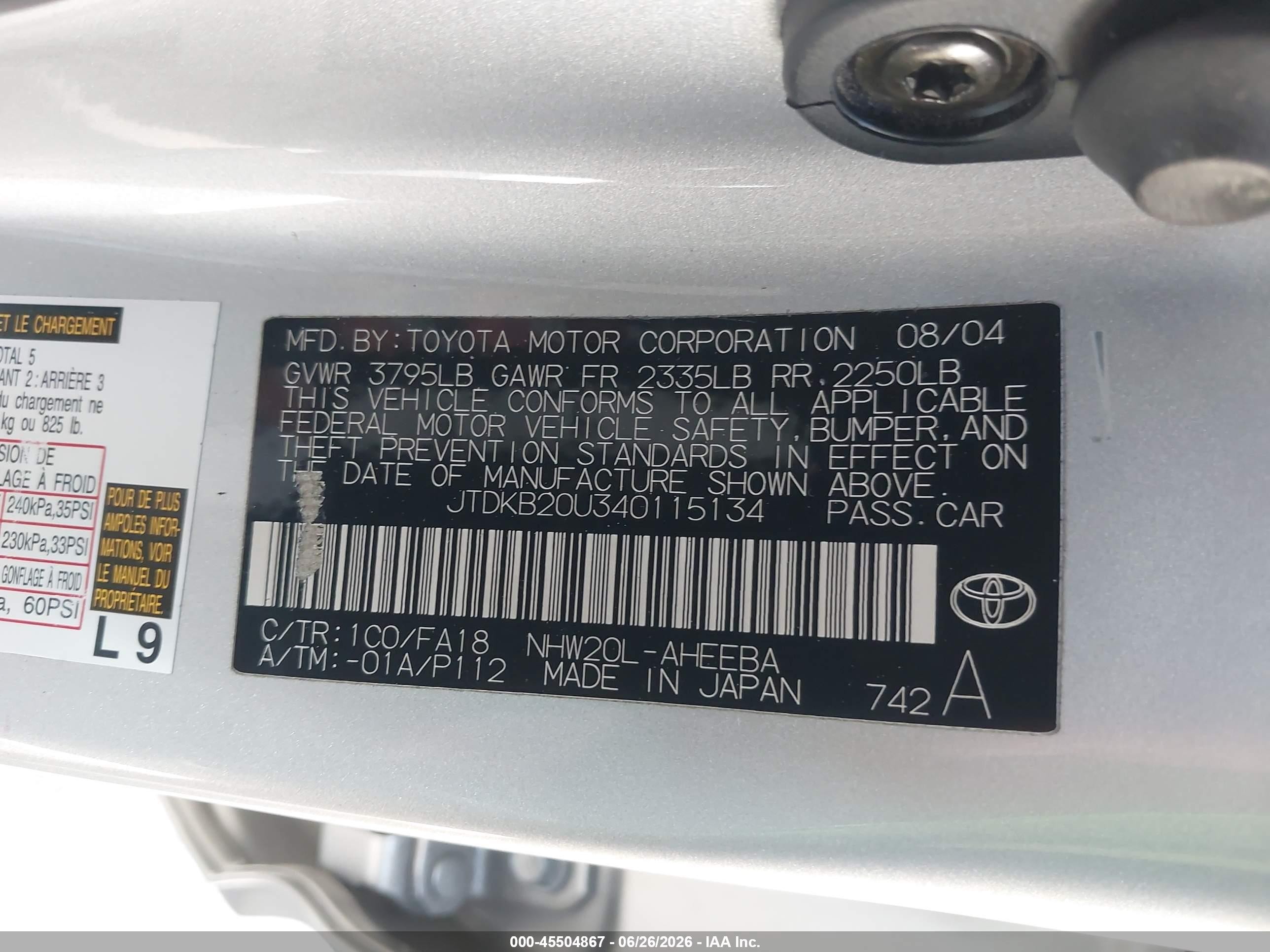 2004 Toyota Prius   Gray vin: JTDKB20U340115134