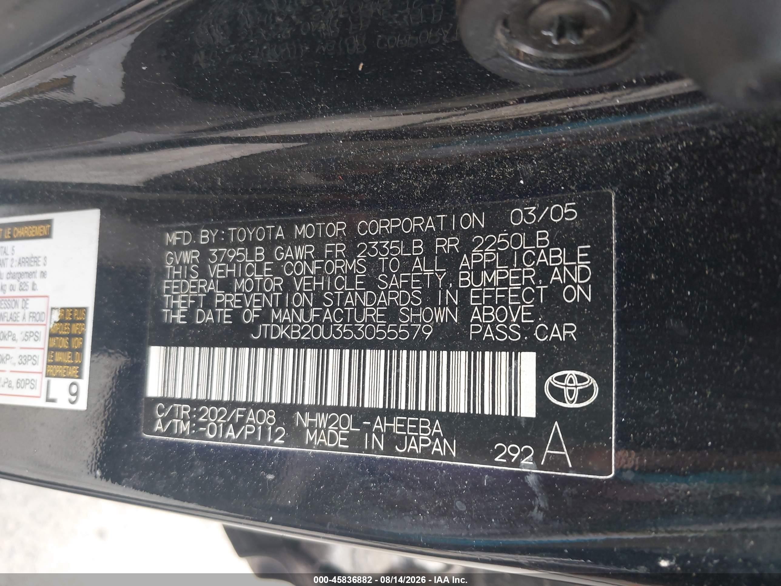 2005 Toyota Prius   Black vin: JTDKB20U353055579