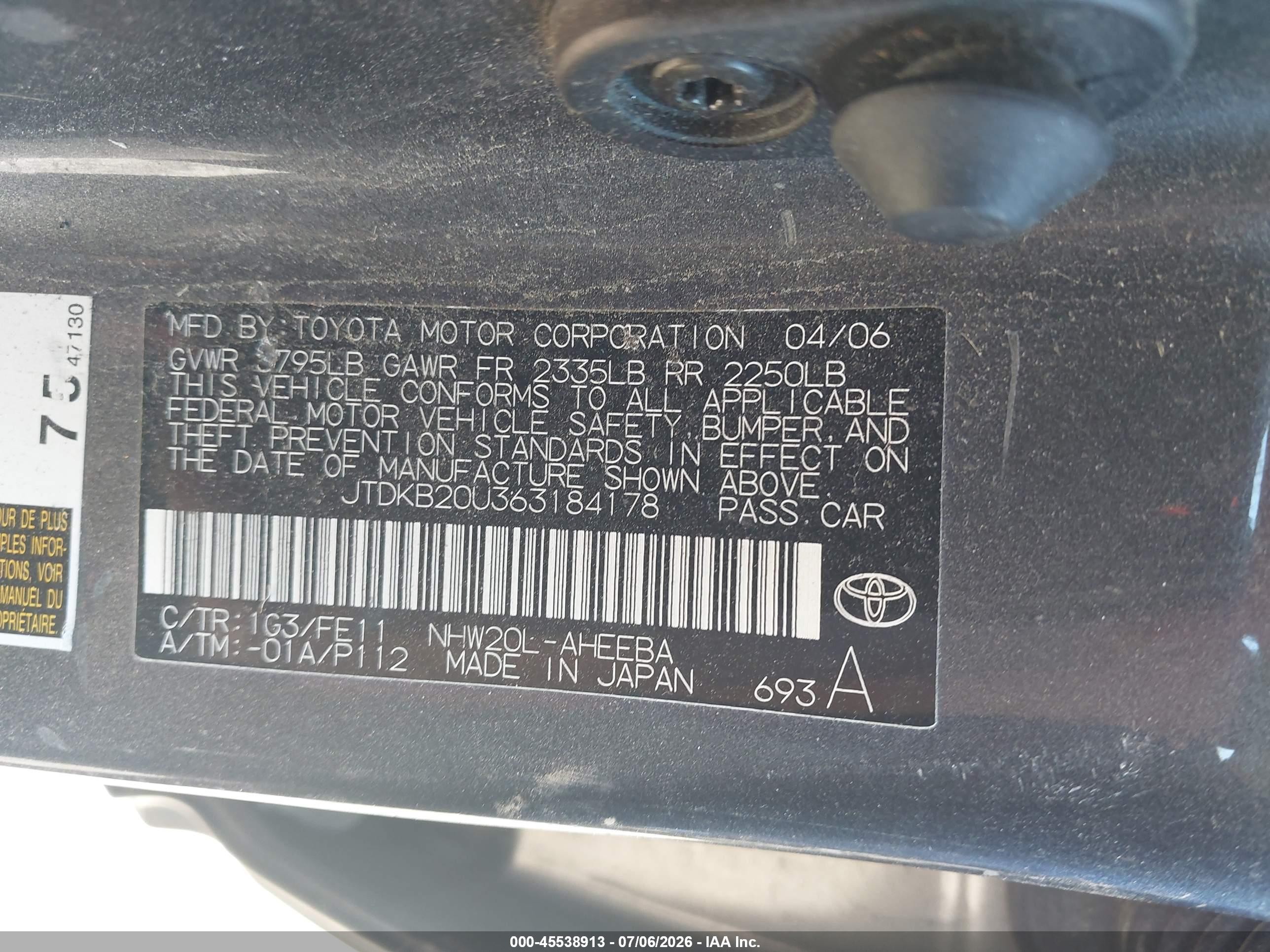 2006 Toyota Prius   Black vin: JTDKB20U363184178