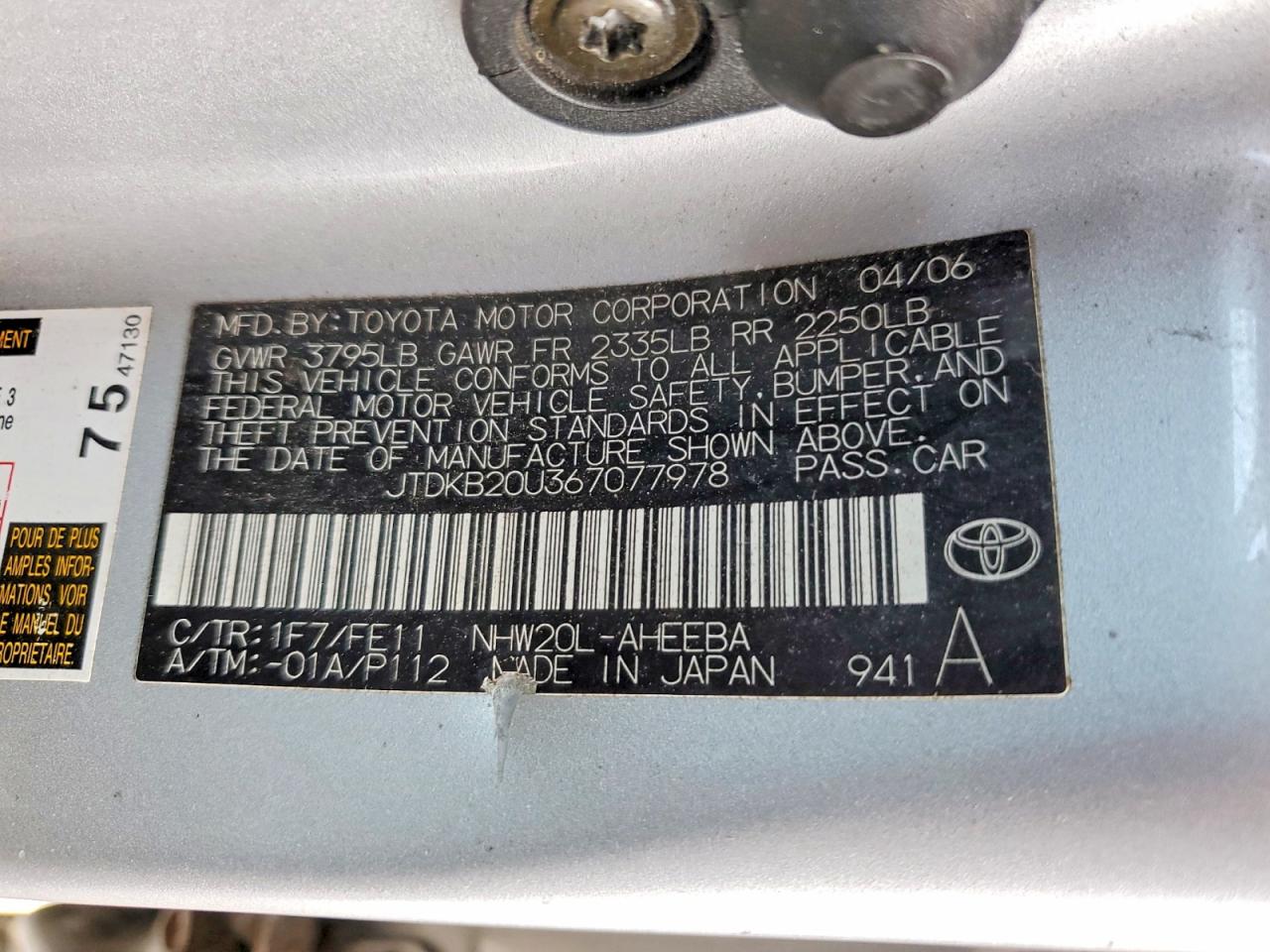 2006 Toyota Prius Base Silver vin: JTDKB20U367077978
