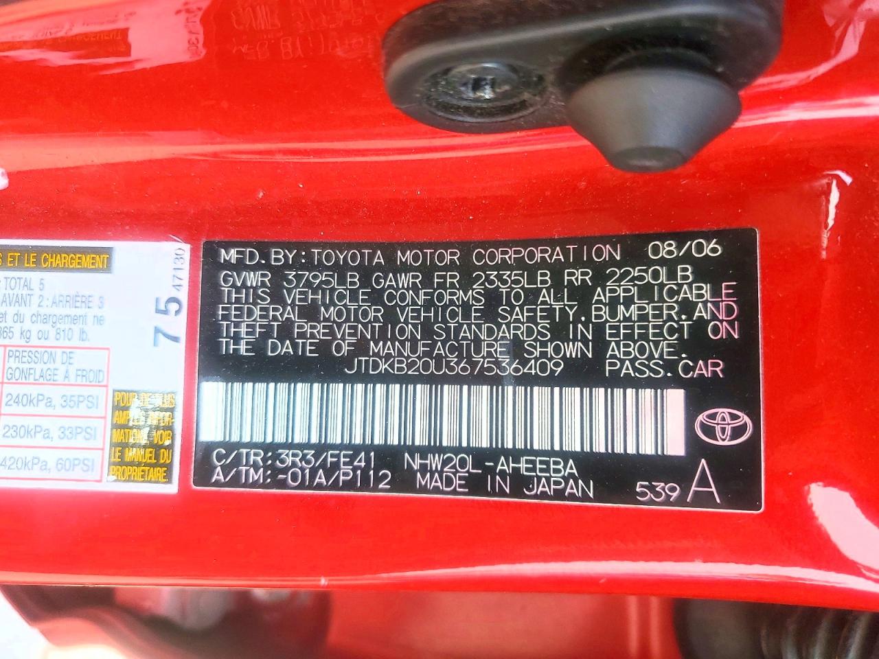2006 Toyota Prius Base Red vin: JTDKB20U367536409