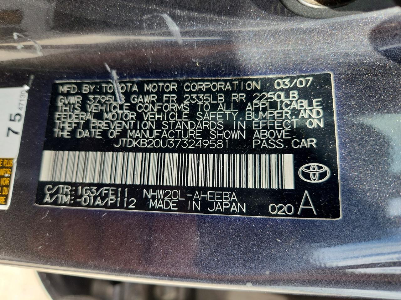 2007 Toyota Prius Base Gray vin: JTDKB20U373249581